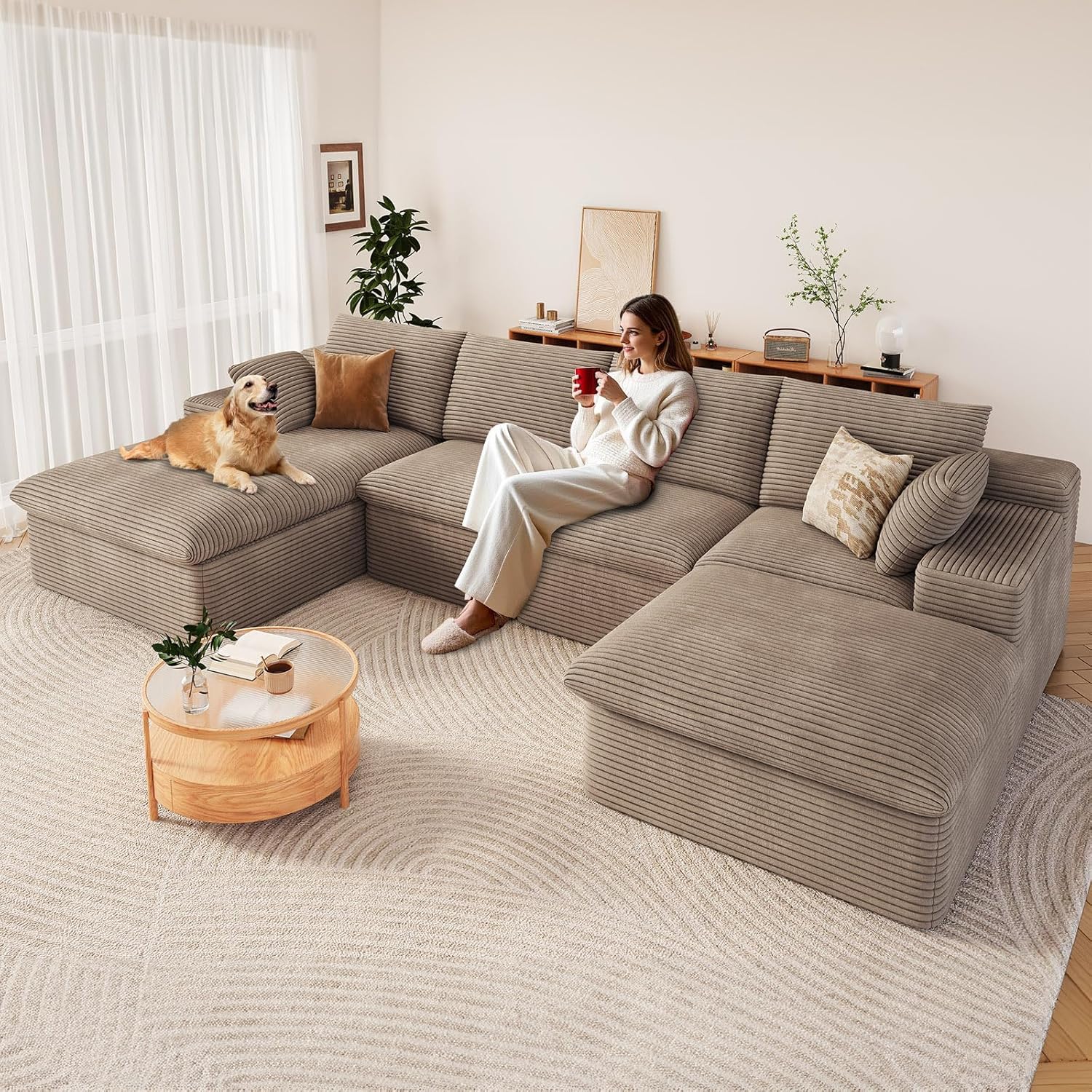 136" Cloud Modular Sectional Sofa with 1 Ottoman, Modern Upholstered Corduroy Couches, Deep Seat Boneless Couch, Comfort U Shaped Sofa for Living Room, No Assembly Required(Camel,Left Facing Chaise)