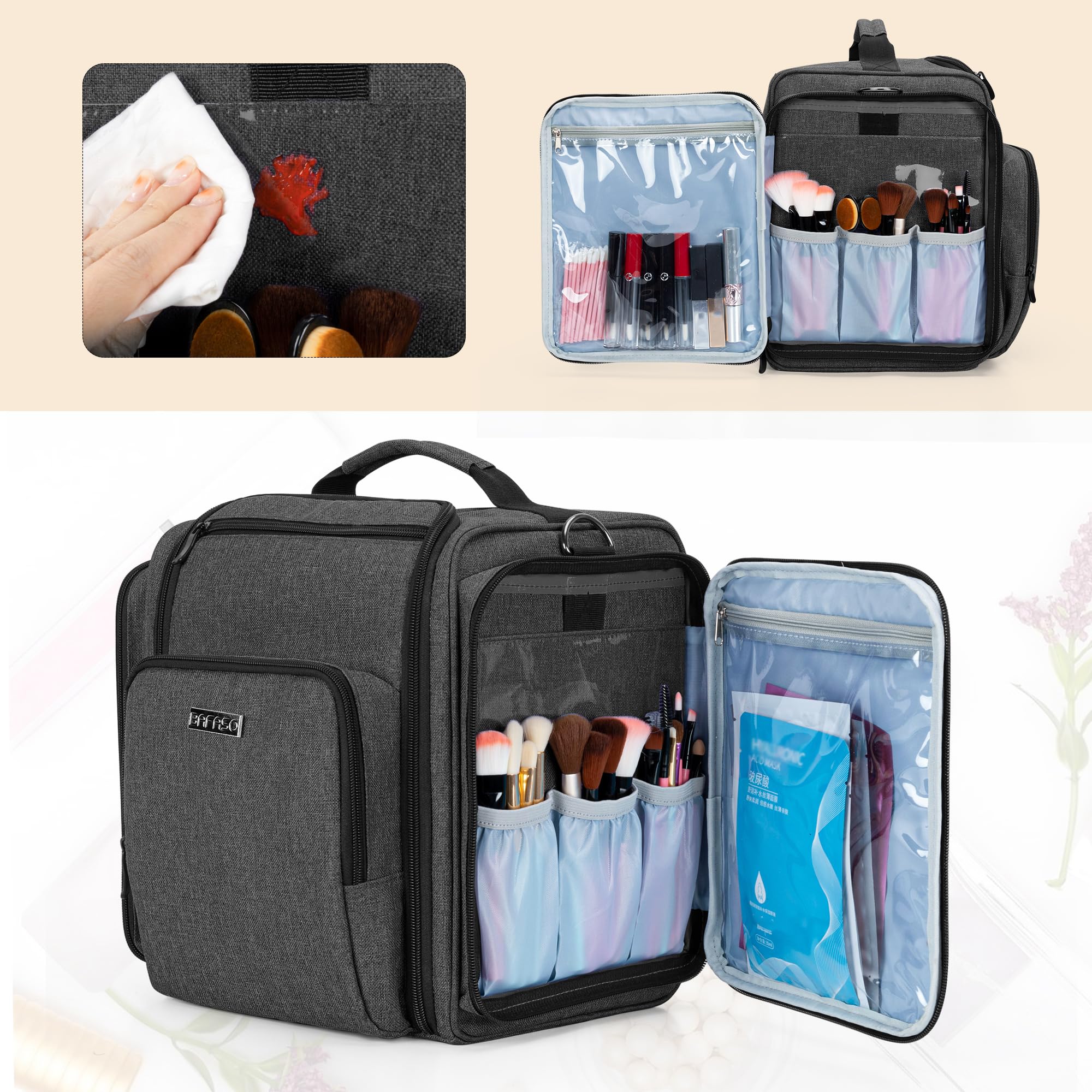 BAFASO Trousse de Maquillage avec 4 Pochettes Intérieures Amovibles, Noir | Trousse de Maquillage Voyage Multifonctionnelle, Sac à Cosmétiques