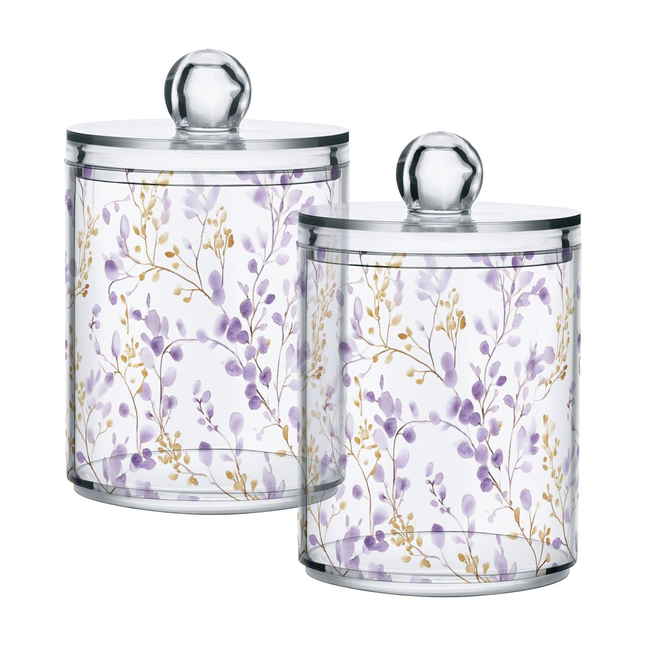 Sevdomey Watercolor Wildflower Qtip Holder with Lid Set of 2, Clear Plastic Apothecary Jars Bathroom Storage Containers for Cotton Ball, Swab, Round Pads, Floss