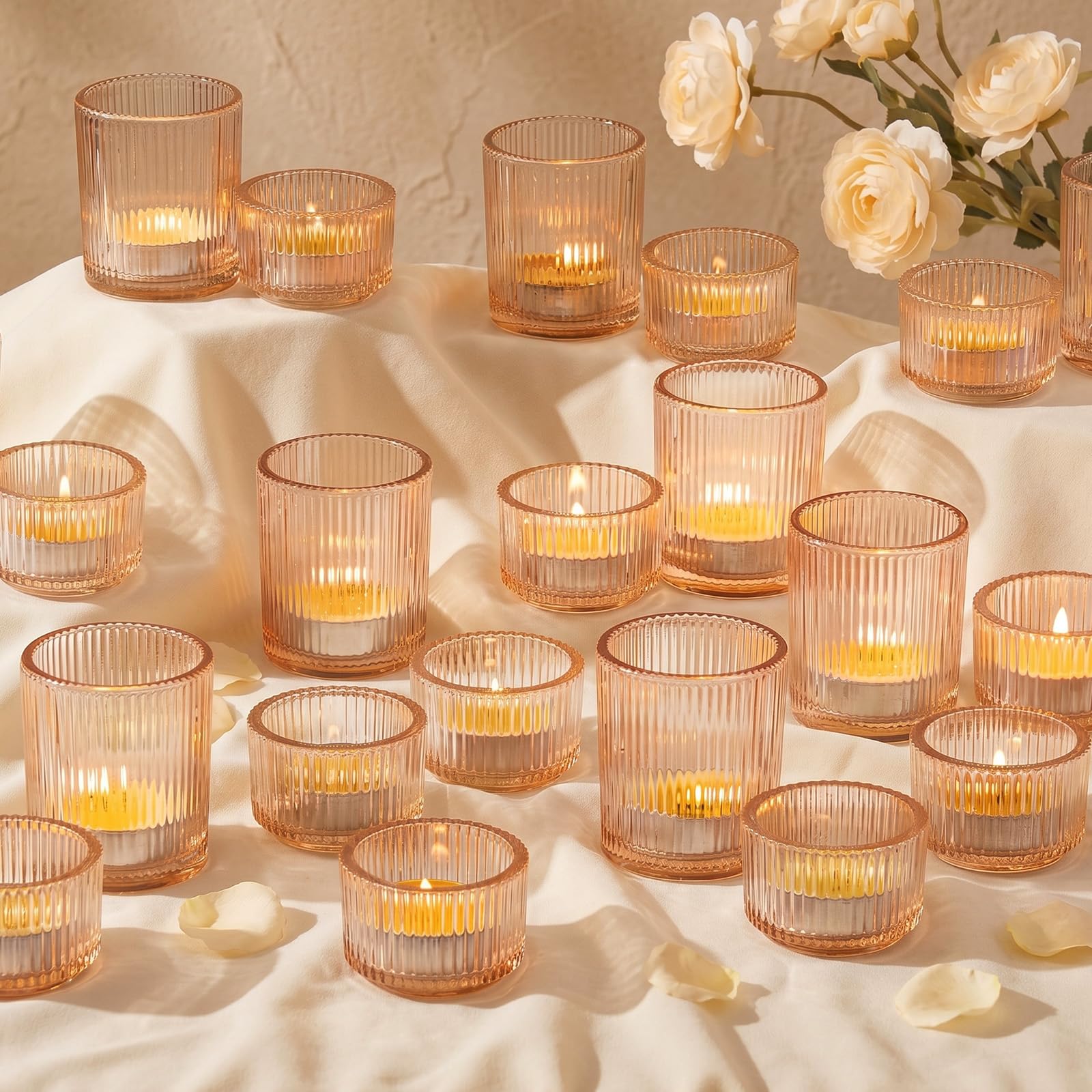 Glasseam Teelichtgläser Gold Teelichthalter Glas: 24er Set Teelichtglas Gerippt Teelicht Gläser für Tischdeko Klein Kerzengläser Votivkerzenhalter für Tisch Weihnachten Hochzeit Deko