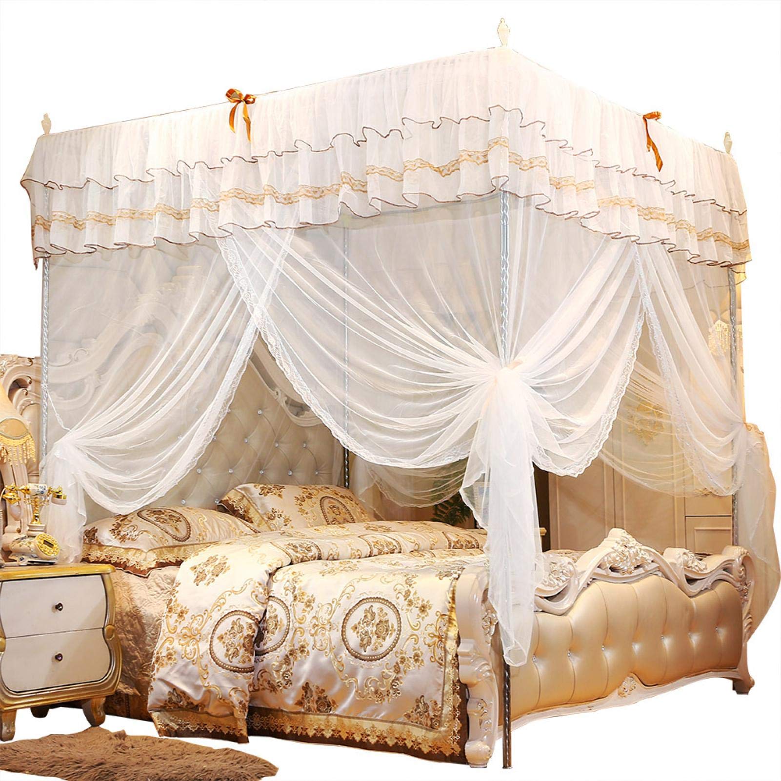 Princess Bed Canopy Curtain Mosquito Net, Luxury Princess Four Corner Post Bed Curtain Canopy Netting Mosquito Net, Lace Three Side Openings Design, Hanging Kit(120 * 200 * 200)