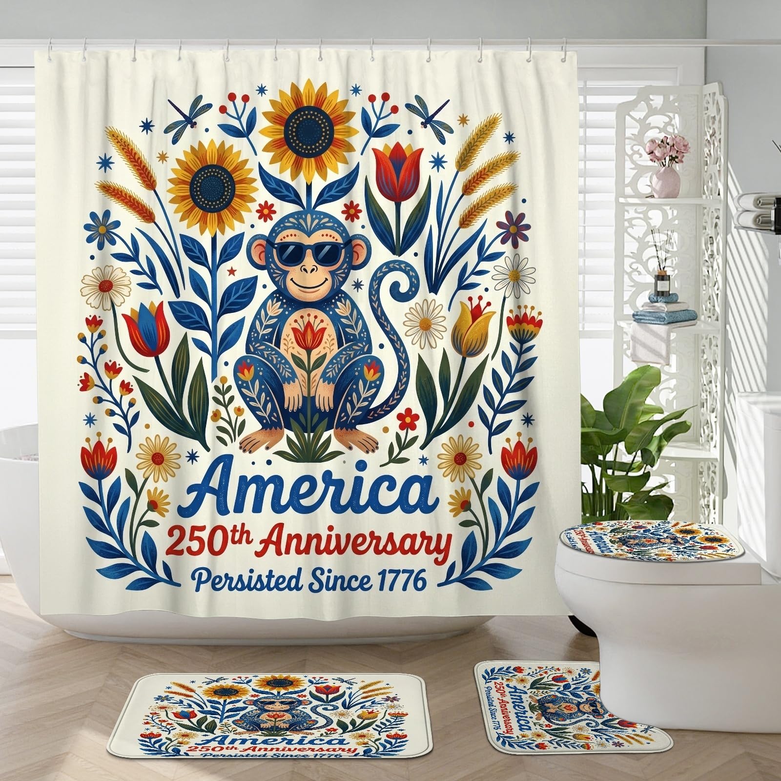 Décoration florale esthétique de salle de bain avec rideau singe et tapis WC assortis