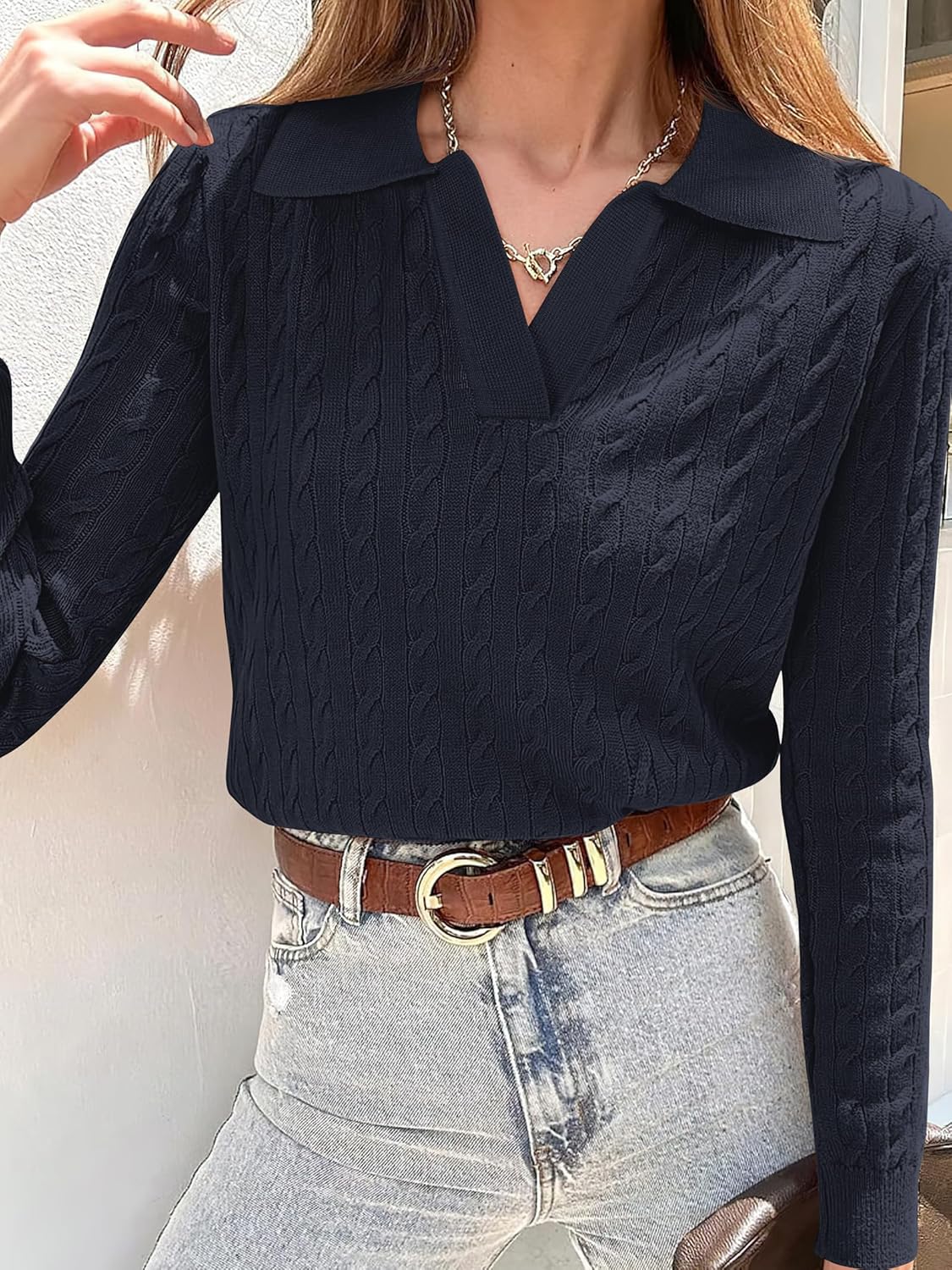 ANRABESS Womens Cable Knit Sweaters Long Sleeve V Neck Sweater Tops Casual Pullover Polo Shirts 2025 Fall Fashion Outfits - Image 2