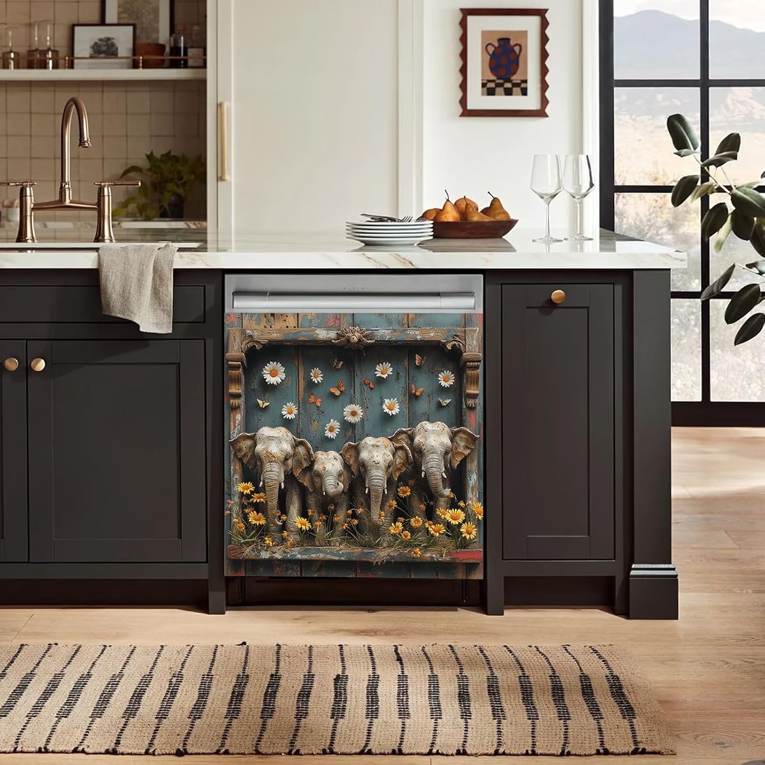 Elephant Dishwasher Magnet Cover, Vintage Wood Dishwasher Sticker Sign, Daisy Sunflower Magnetic Cover for Appliance Decoration, Farmhouse Style Decal Refrigerator Covers Magnet, 23 W x 17 H inch