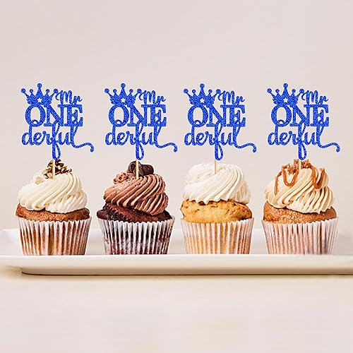 Miniatura 6 de Ercadio Paquete de 24 coronas de Mr Onederful para cupcakes, corona azul con purpurina, una corona de príncipe para primer cumpleaños, decoración de