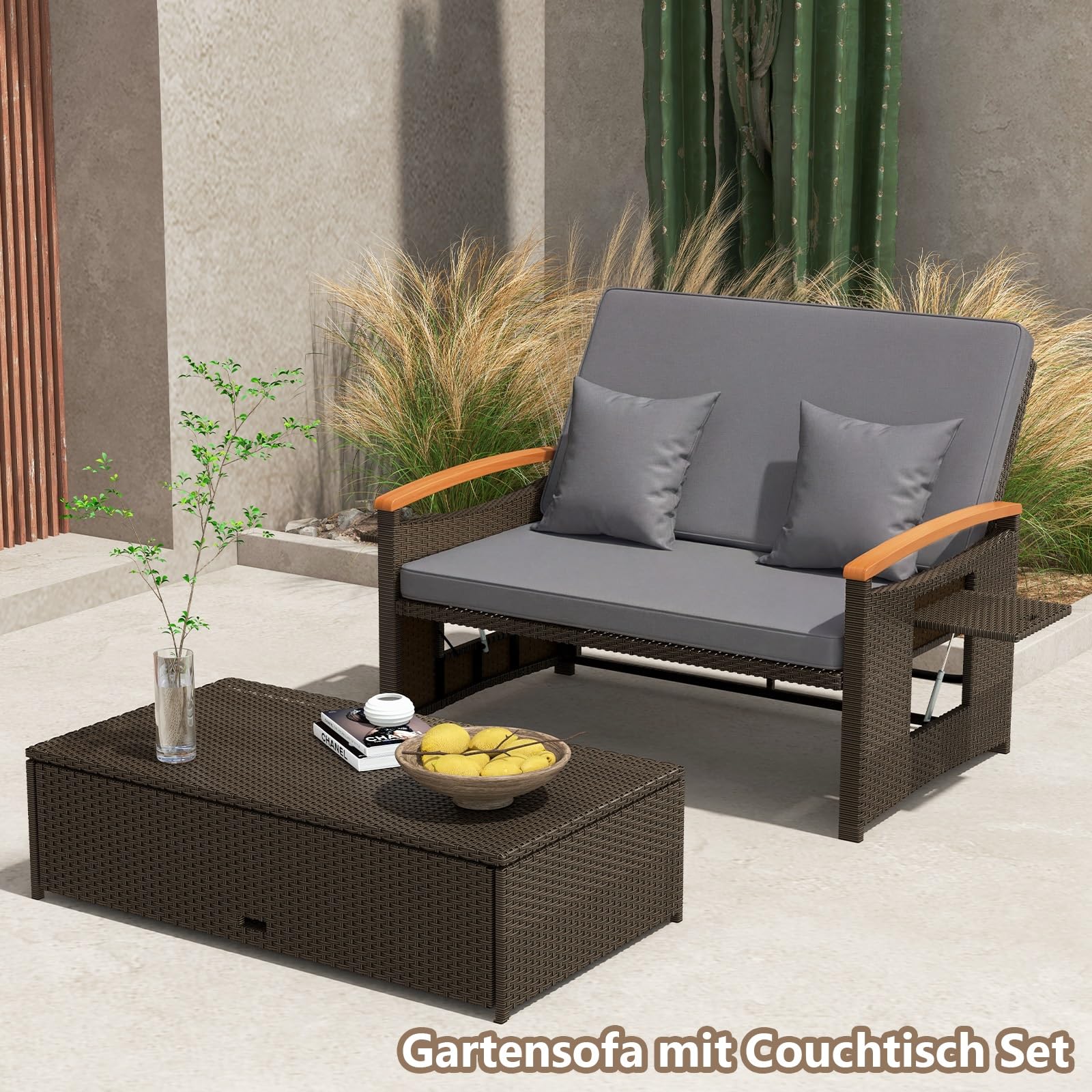 GIANTEX Lounge Möbel Outdoor, Gartensofa mit Liegefunktion, Outdoor Sofa | 3-in-1 Design, Stauraum, weichen kissen, Doppelliege Outdoor 2 Personen, Rattan Gartenliege, Gartenlounge, für Garten Balkon