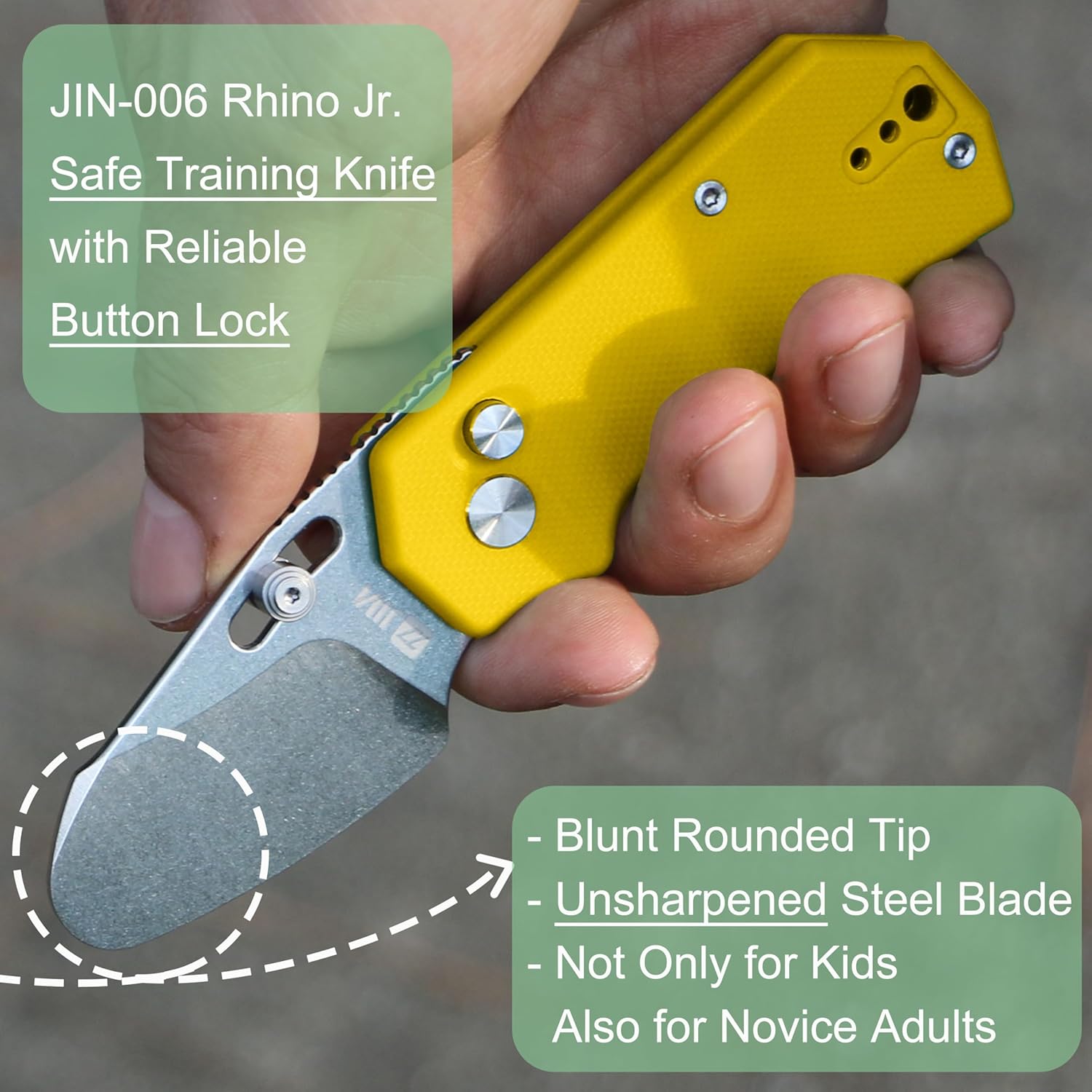 JIN Rhino Jr. Pocket Knife 1.97" Unsharpened Steel Blade Rounded Tip Kids Knife Button Lock Folding EDC Knife DIY Kit Yellow G10 Handle