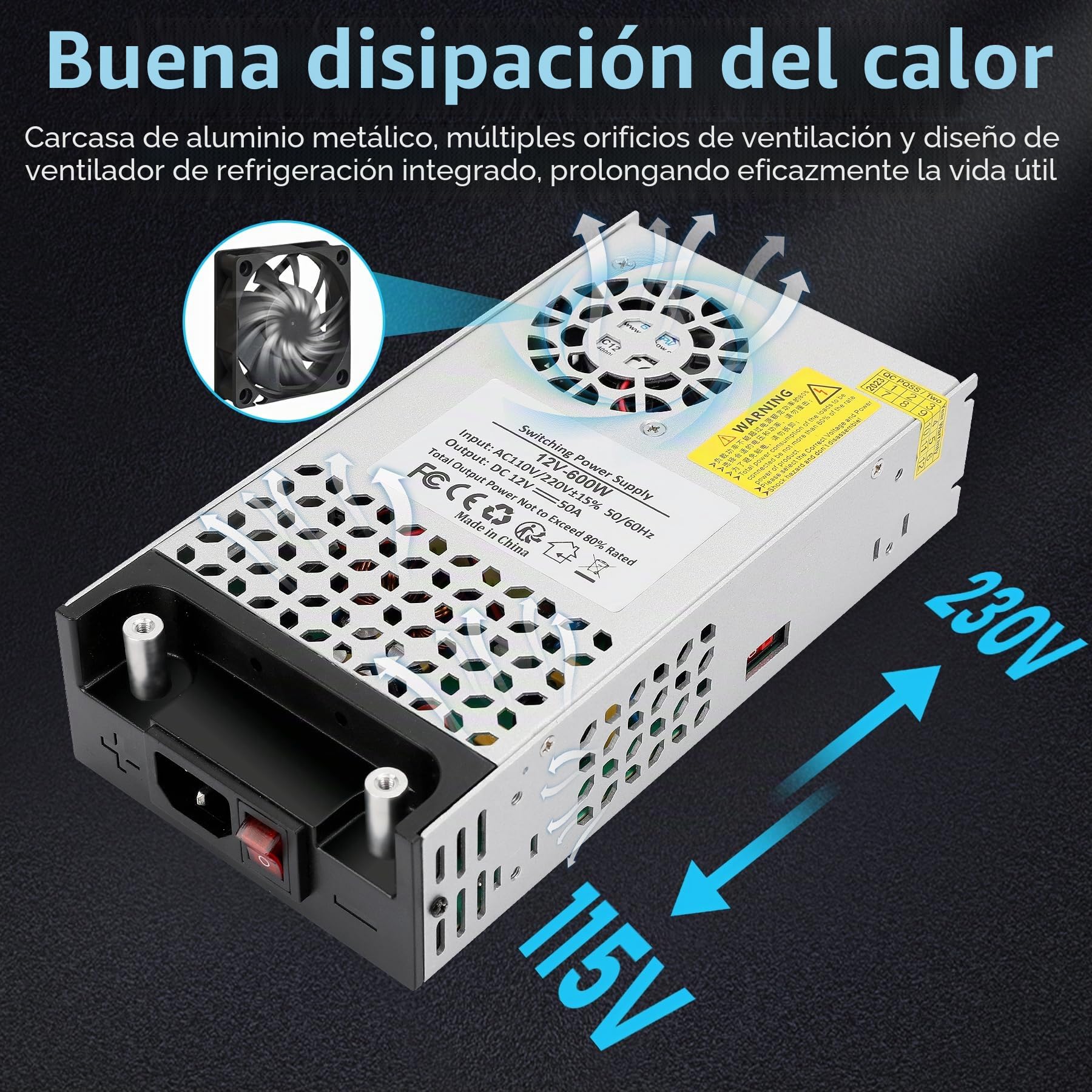 Fuente de Alimentación 12V 50A 600W Transformador, 220V CA a CC 12V 50A 600W Fuente Alimentación para LDE lámpara Motor Bomba CCTV Cámara de Seguridad Car Stereo Impresora 3D y Más