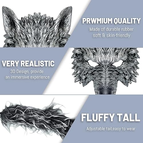 Miniatura 3 de HyperFun Disfraz de hombre lobo de Halloween, máscara de lobo y juego de colas, disfraz de lobo realista, kit de accesorios de cosplay