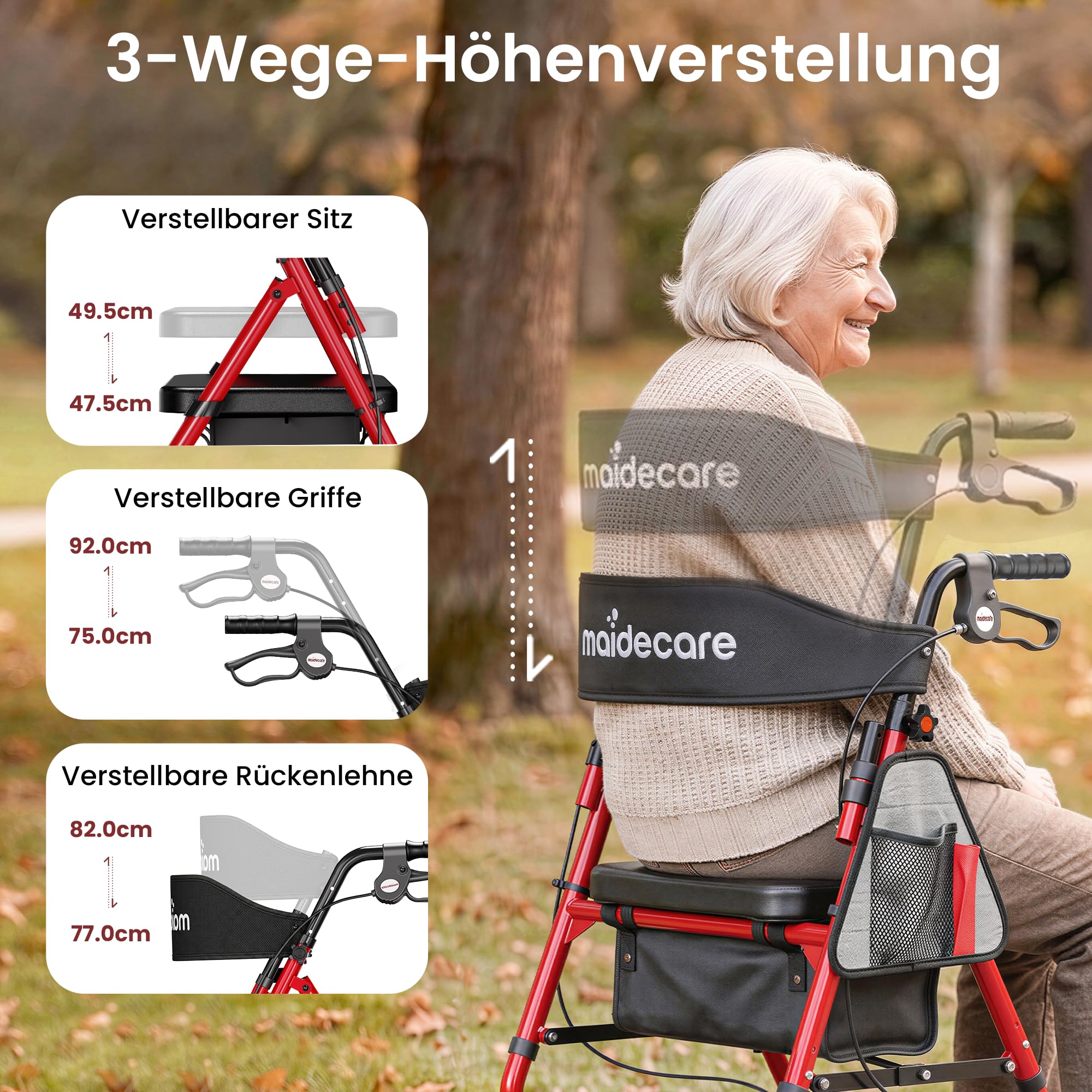 Rollator Faltbar und Leicht mit Sitz, Rollator Schmal für Wohnung, Rollatoren für Senioren mit Höhenverstellbar Sitz und Griff, Indoor Walker, mit Bremse, Korb, Rot