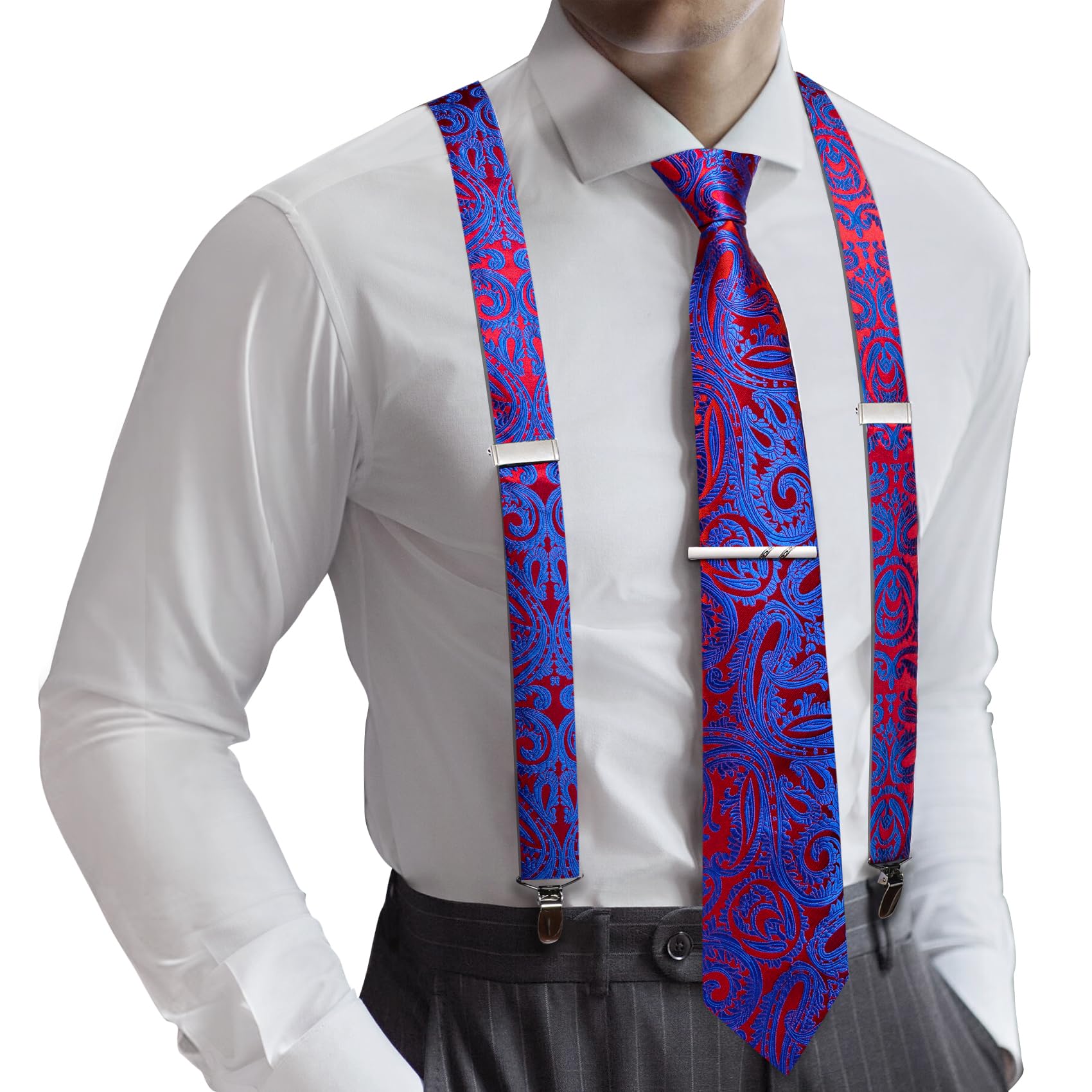 Barry.Wang Men Suspender Tie Sets Elastic Heavy 6 Clips Hanky Cufflink 5PCS | Classic Suspender Set for Man Necktie Y Type Adjustable Heavy Duty 6 Clips Braces Pocket Square Cufflinks Party
