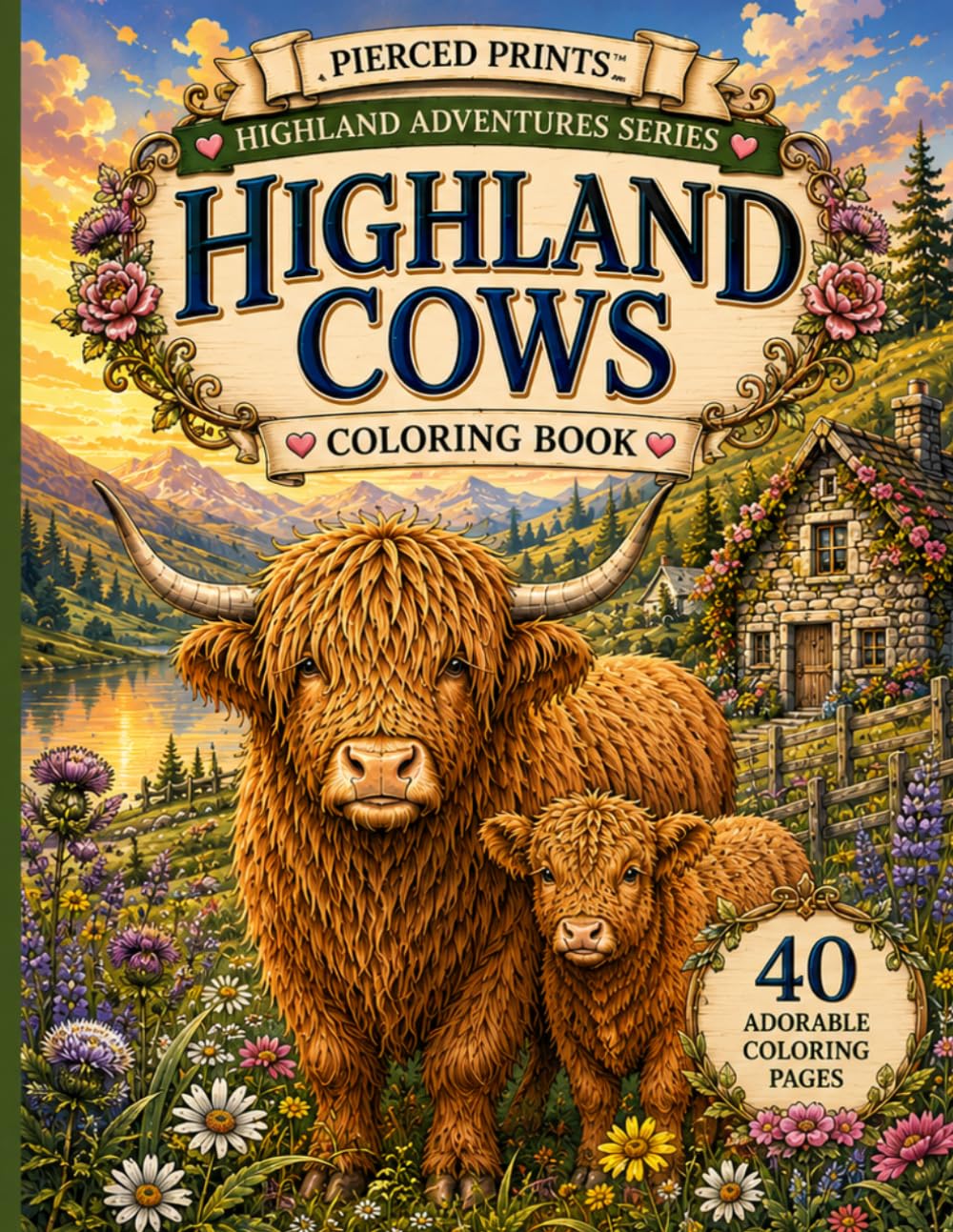 Highland Cow Coloring Book: 40 Cozy Countryside Adventures Featuring Scottish Highlands, Cottage Gardens, Wildflowers, Farm Life, Seasonal Scenes, and Adorable Highland Cows