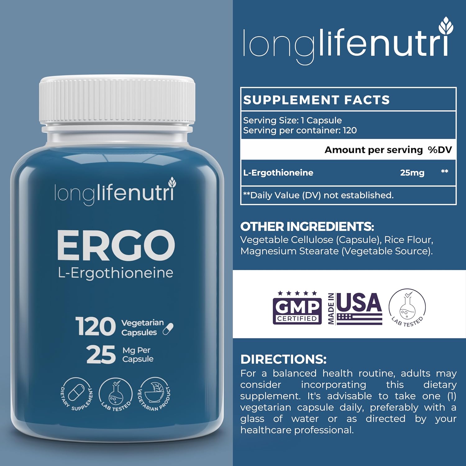 L-Ergothioneine 25mg - 120 Vegetarian Capsules, 4-Month Supply, Antioxidant Supplement for Wellness Routine, GMP Certified, Made in USA - Image 2