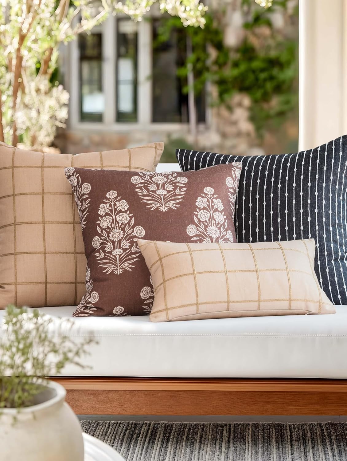 Crumbs Home Modern Farmhouse Fall Linen Indoor Outdoor Throw Pillow Cover Only, 20"x20" Water Repellent for Patio, Backyard, Couch, Cocoa Brown Ivory Cream Floral