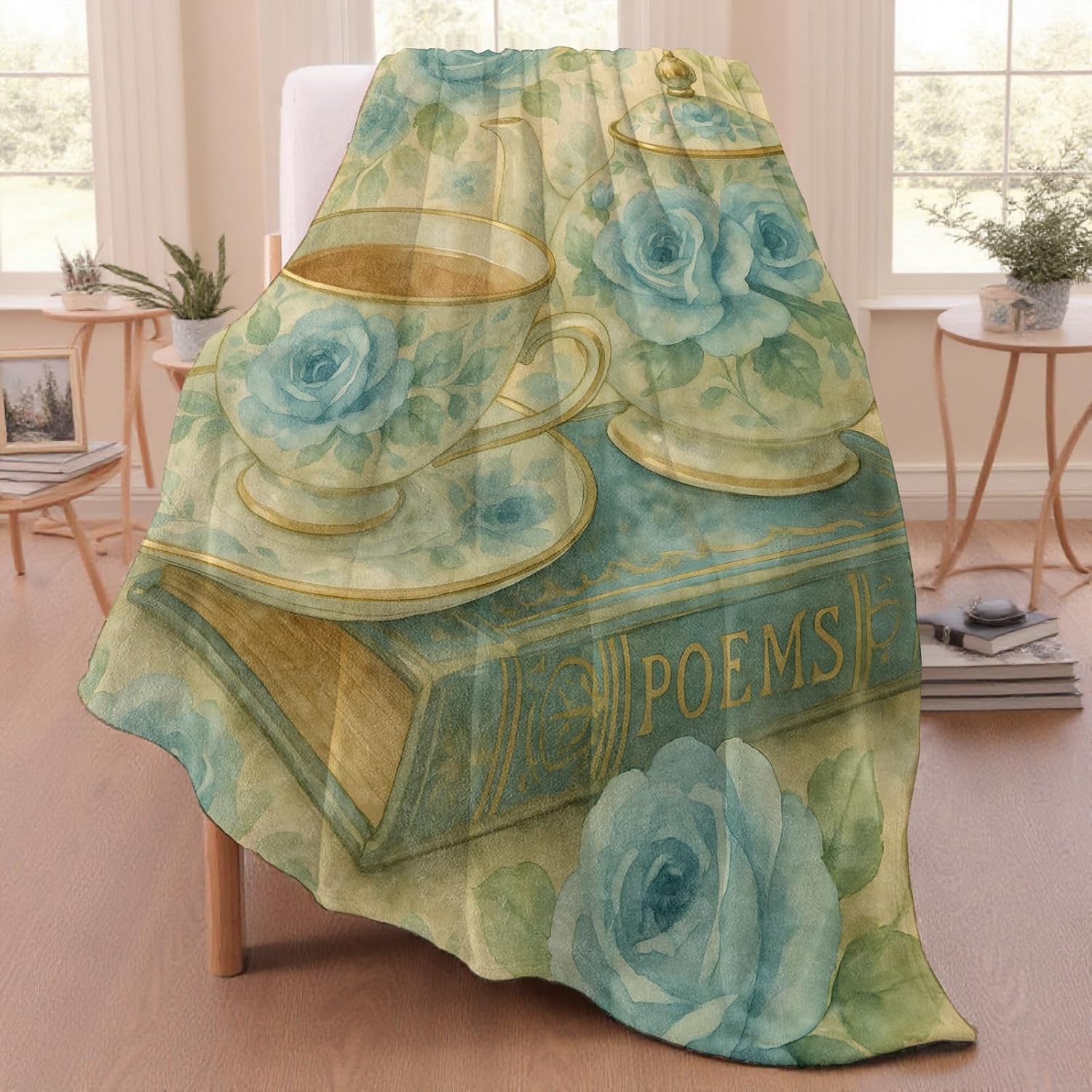 Vintage Tea Time Blue Rose Teacup Throw Blanket for Adutls Kids, 50x60 in, Cozy Soft Warm Fleece Blankets Gifts for Couch, Camping, Hiking Decor