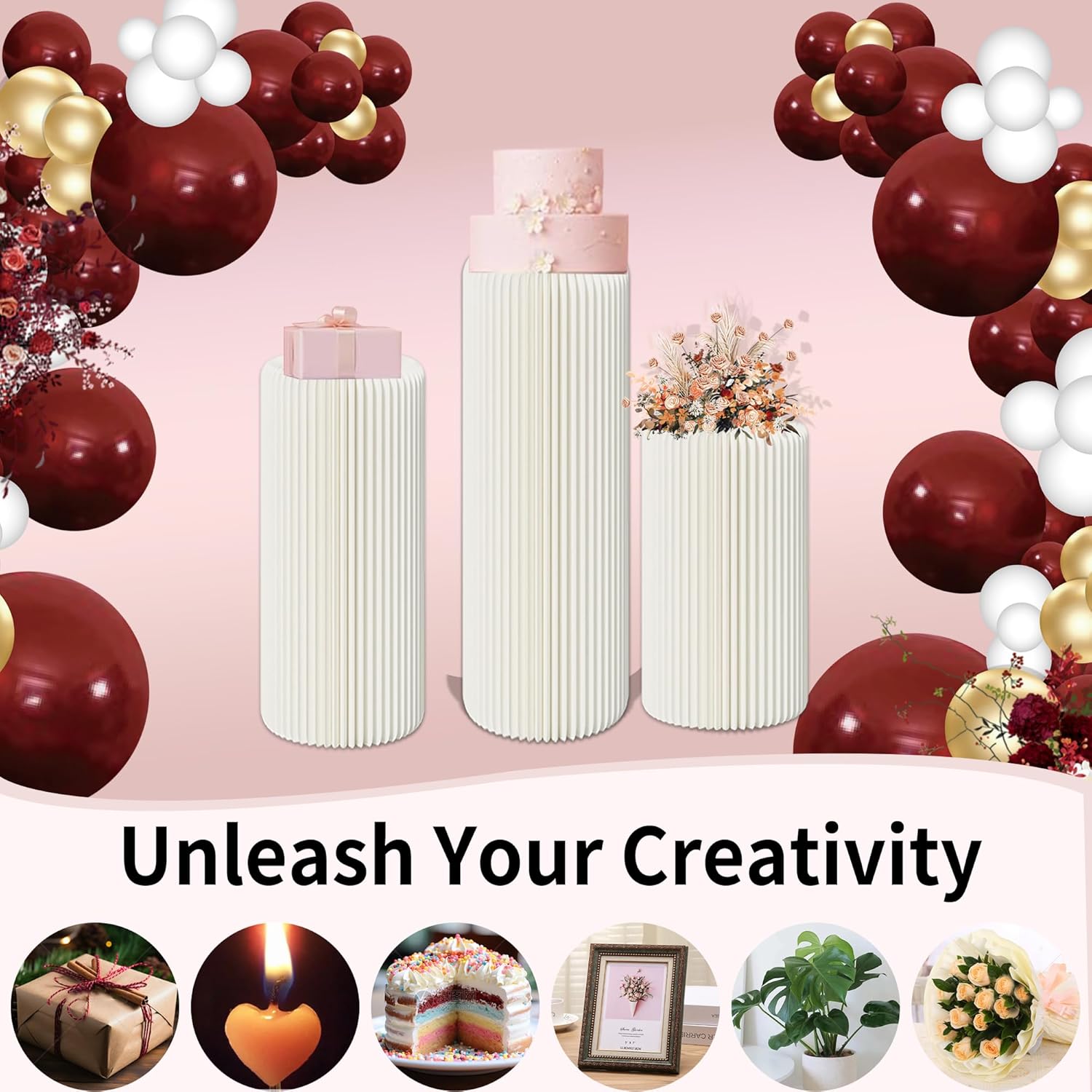 Cylinder Stands for Party Roman Pillar Stand Flower Cake Pedestal Stands for Parties Wedding Baby Shower Birthday Decor, Foldable Cardboard Centerpiece Round Pillars Dessert Stands Display, Reusable (Set of 3-12x15/23/31 inches)