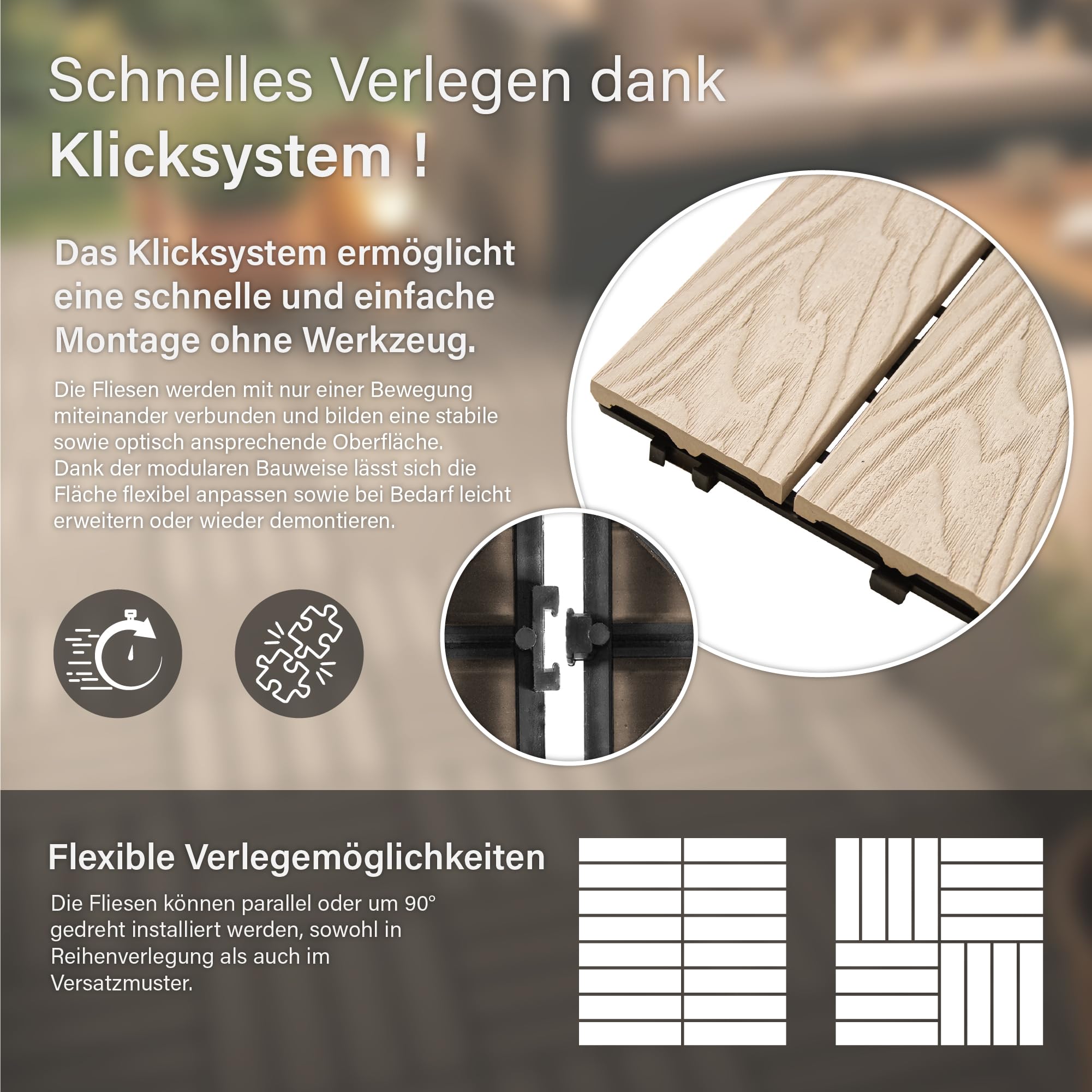 4iQ WPC-Terrassenfliesen mit Klicksystem, 10 Stück Holzoptik, 30x30x2 cm, Wetterfest, für Balkon, Terrasse und Patio, Fliesen Boden (Beige)
