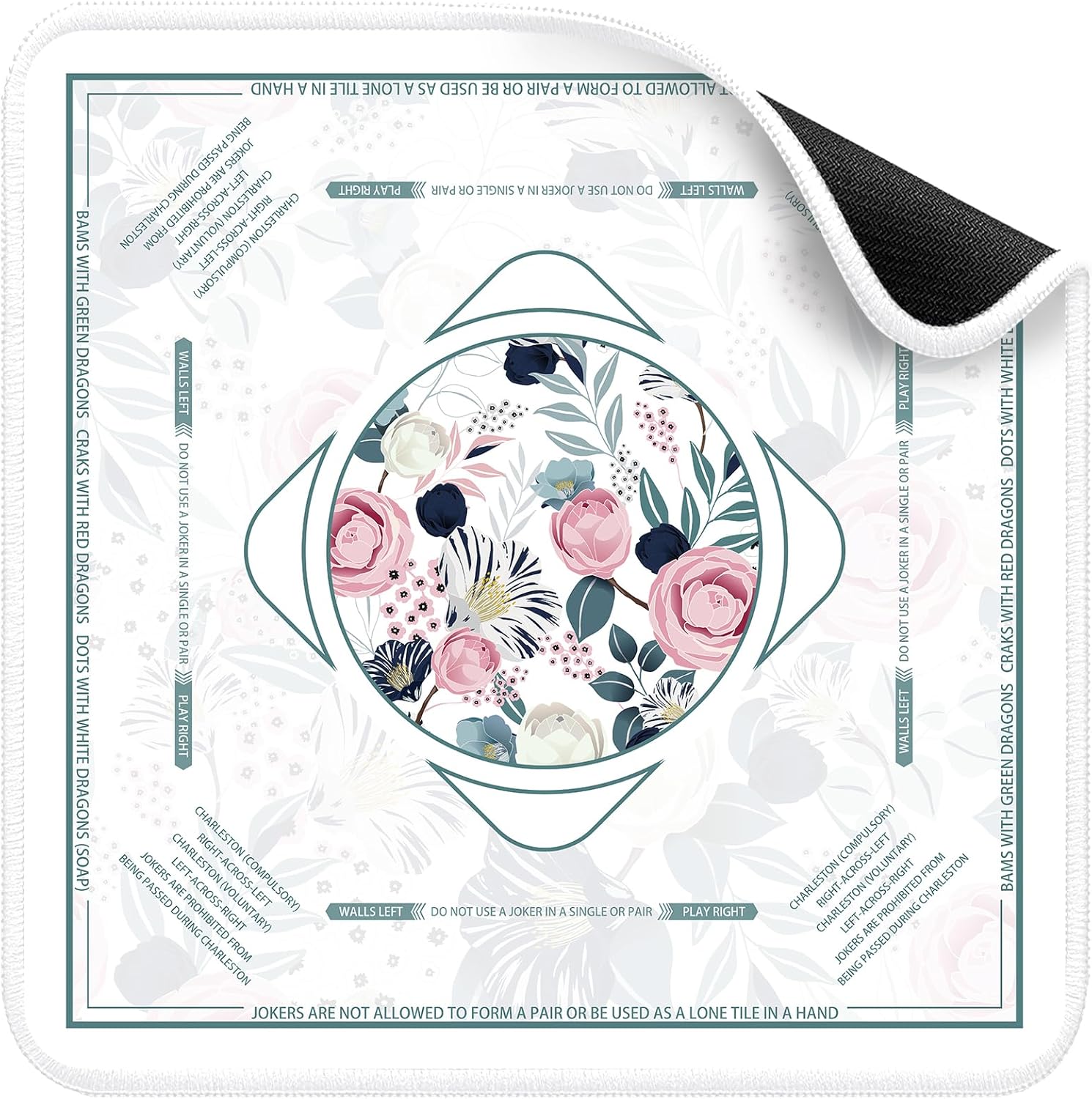 Deyimmei Mahjong Mat for Table - Non-Slip Mahjong Table Cover with Storage Pockets, Perfect Mahjong Accessories & Gifts for Women, Men, and Mahjong Enthusiasts (Floral Elegance)