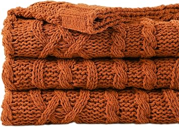 Battilo Rust Orange Throw Blanket for Couch, 51" x 67", Cable Knit Blanket | Decorative Textured Fall Throw Blanket, Fall Decor, Soft Warm Chenille Throw Blanket for Bed, Sofa, Living Room, Home Decor