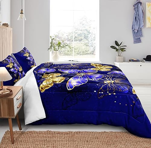 Miniatura 3 de Move Over Juego de edredón de mariposa azul, tamaño Queen, juego de ropa de cama de 4 piezas con patrón de mariposa azul dorado, juego de edredón