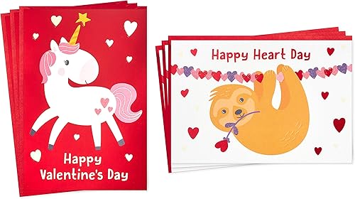 Hallmark - Tarjetas para el Día de San Valentín para niños, unicornio y perezoso (6 tarjetas de San Valentín con sobres)