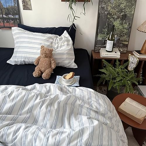 Miniatura 4 de MKXI Juego de funda de edredón de tamaño individual, 100% algodón lavado, ropa de cama a rayas azules y blancas, suave y transpirable, juego de 3