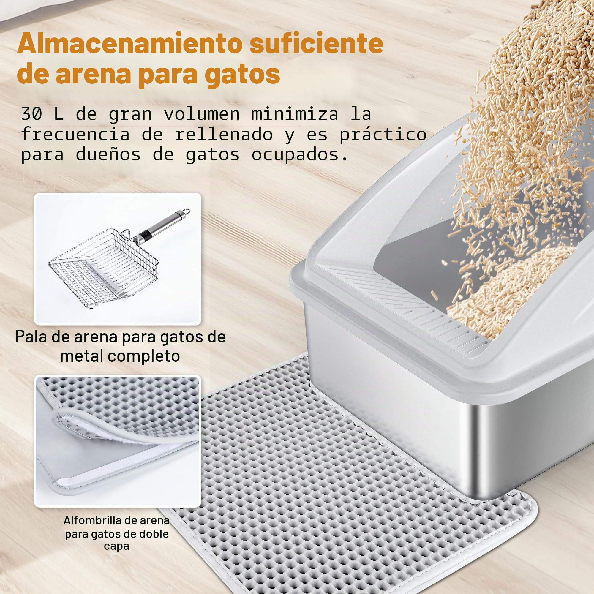 Caja de Arena para Gatos XXL de Acero Inoxidable - Abierta Con Pala de Metal, Estera de Doble Capa y Borde Alto - Para Gatos Grandes