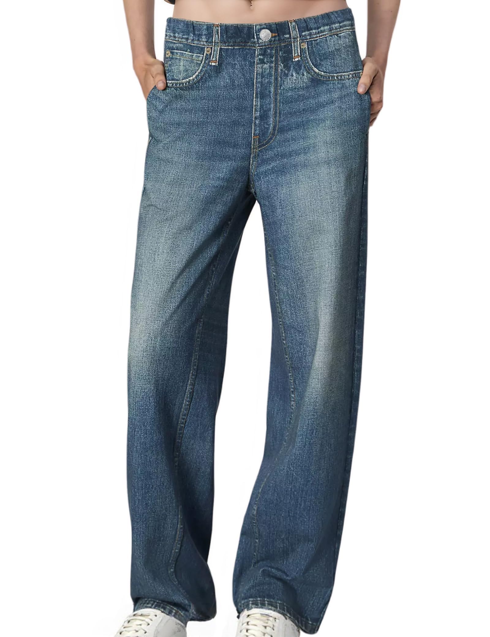 Mewunan French Terry Sweatpant Jeans Denim Sweat Pants Look Like Jeans Baggy Wide Leg Stretch Pants Jeggings for Women Trendy