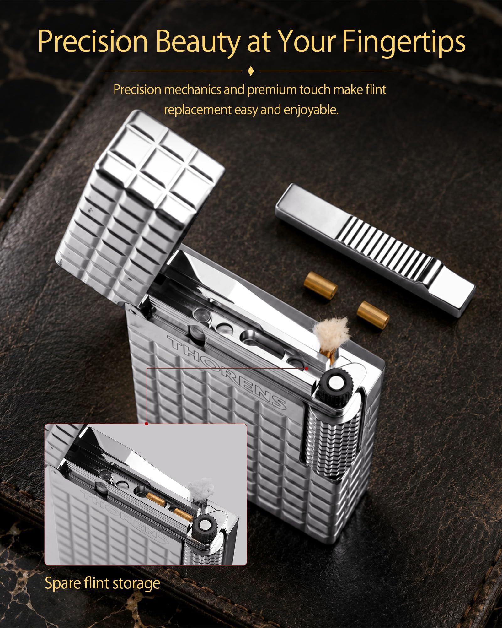THORENS Crisp Sound - Argent Blocks Mechero de Gasolina y Latón | Side-slide, llama abierta, recargable, rueda de fricción, flip-top, clásico, vintage-retro, grabado, regalo de lujo hombre