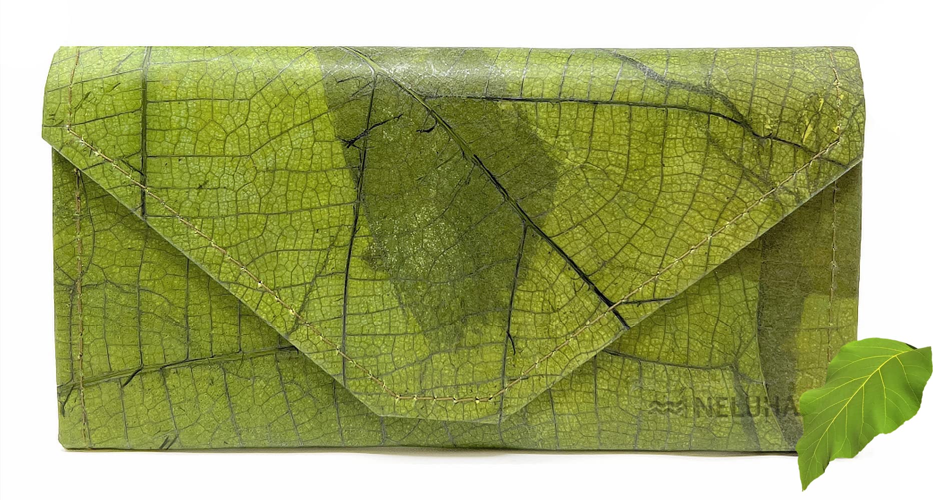Portafoglio in foglie di teak, un'alternativa in pelle vegana e sostenibile, portafogli con molti scomparti apribili con chiusura lampo, verde, 12x9x3cm, Casual