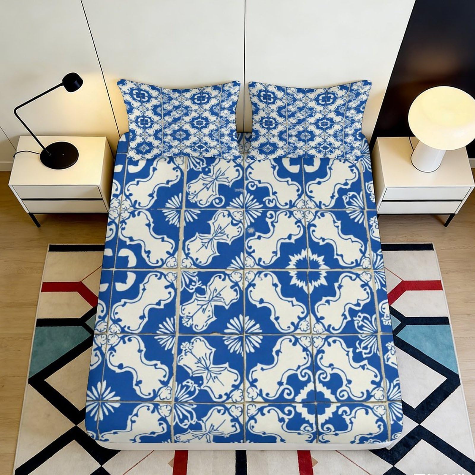 3D Printed Blue Moroccan Tile Fitted Sheet Microfiber Soft Anti-Slip White Mandala Bed Cover for Bedroom Guest Room 90x200x25cm