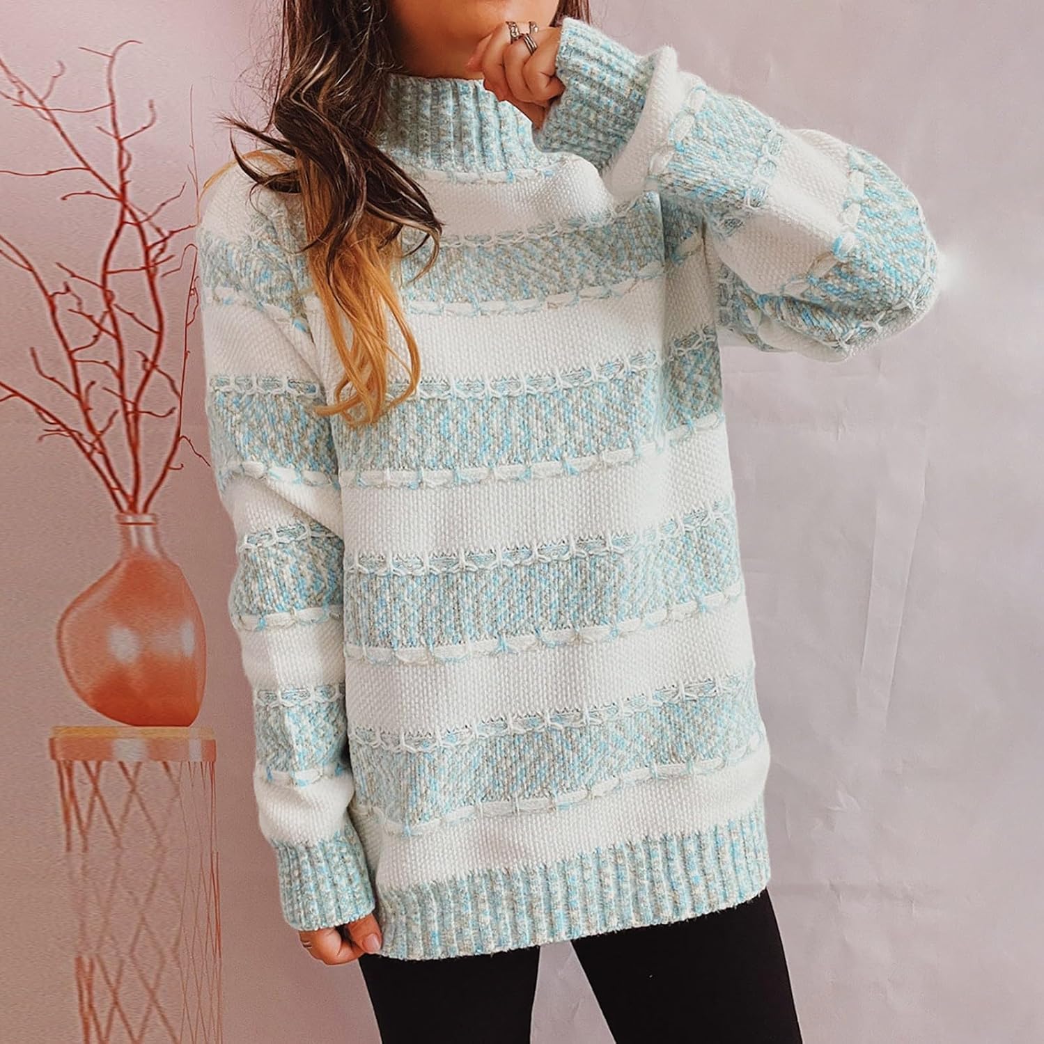 Heevina Striped Sweater Women Turtleneck Chunky Long Sleeve Loose Knit Pullover Knitted Sweaters for Women Winter