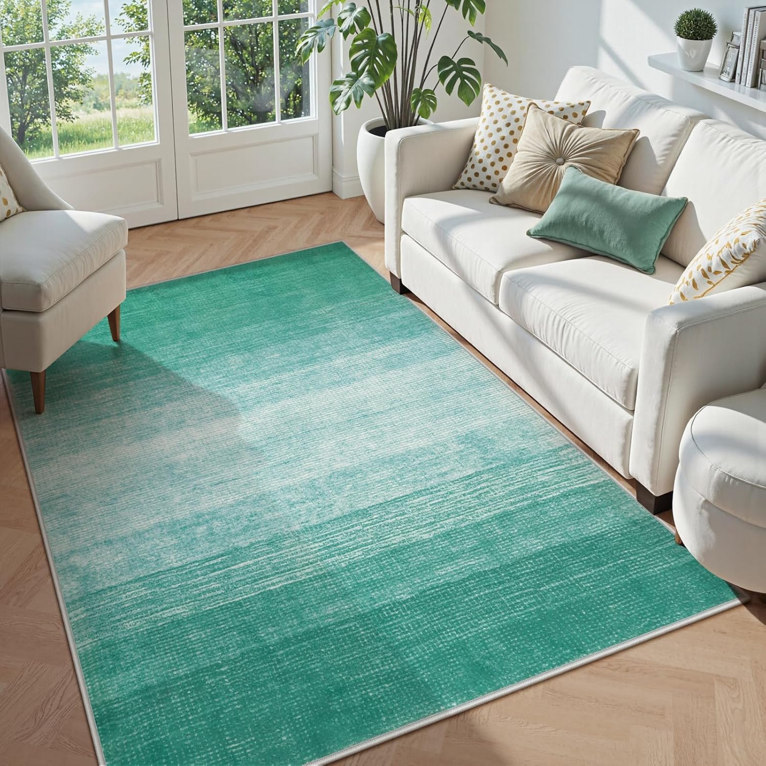 Tapis de salon moderne poil court abstrait vert et blanc 160x240 cm