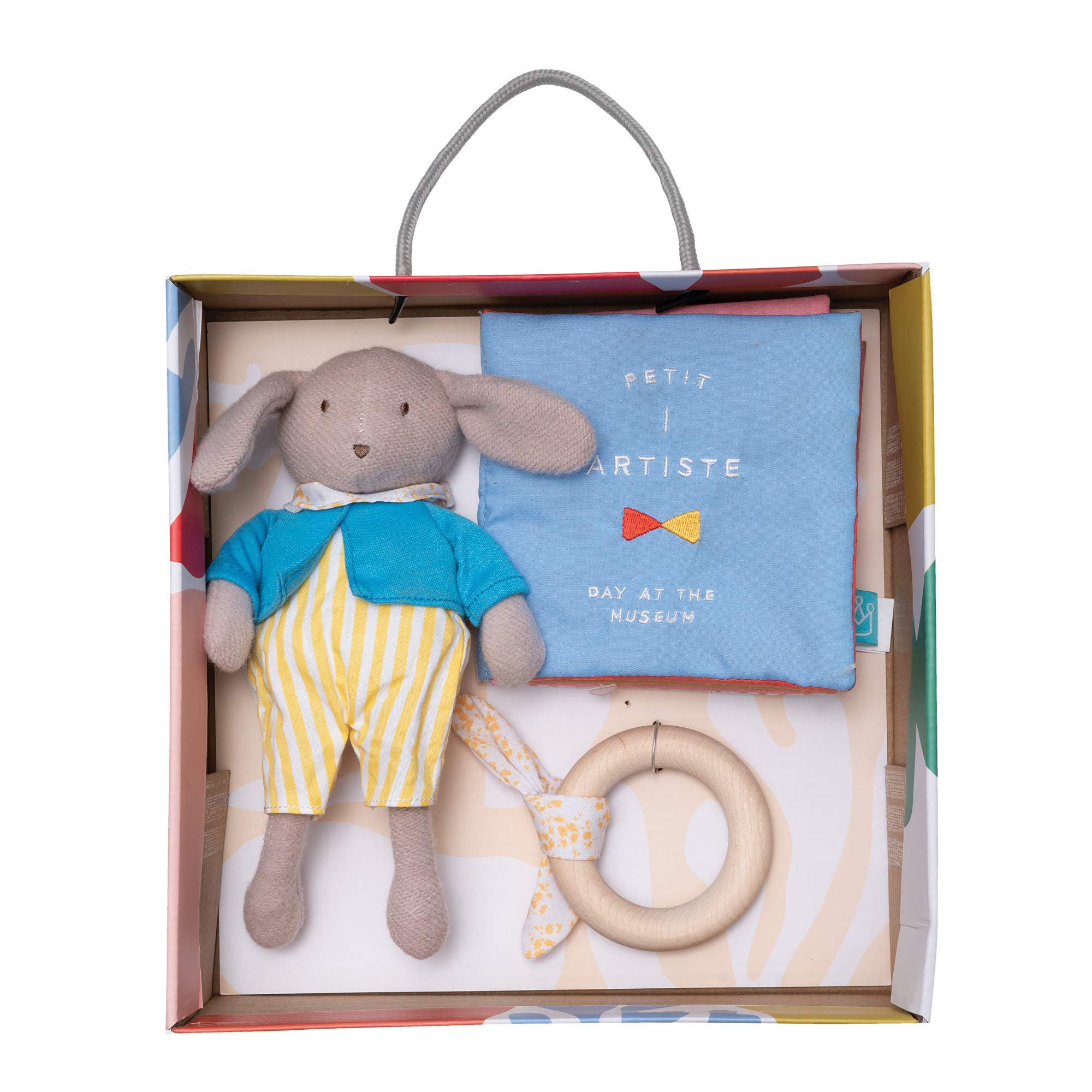 Manhattan Spielzeug Petit Artiste Bunny Doll, Soft Book und Wooden Beißring Baby beruhigendes Geschenk-Set