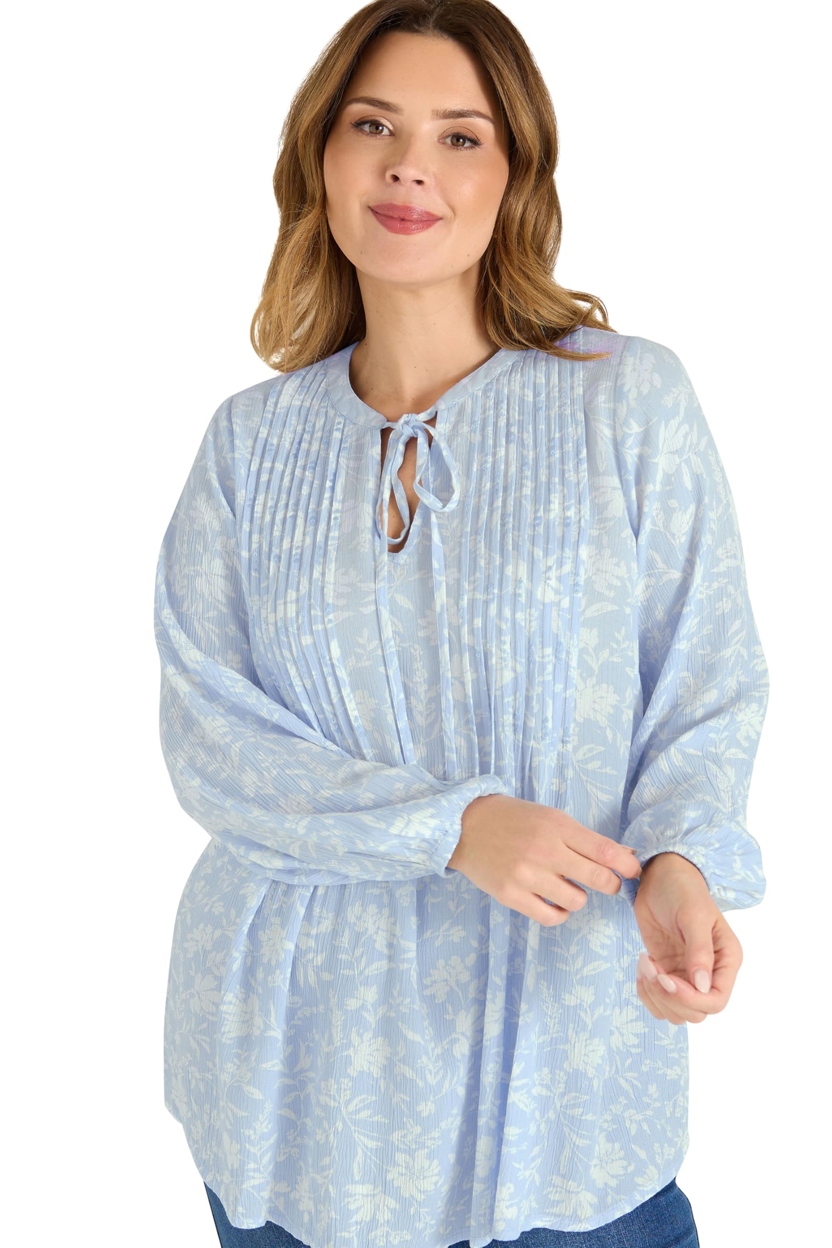 Evans - Women's Blouse - Floral Print - Tie Neck - Pintuck Detail - Long Sleeve - Light Blue - Size 22-24