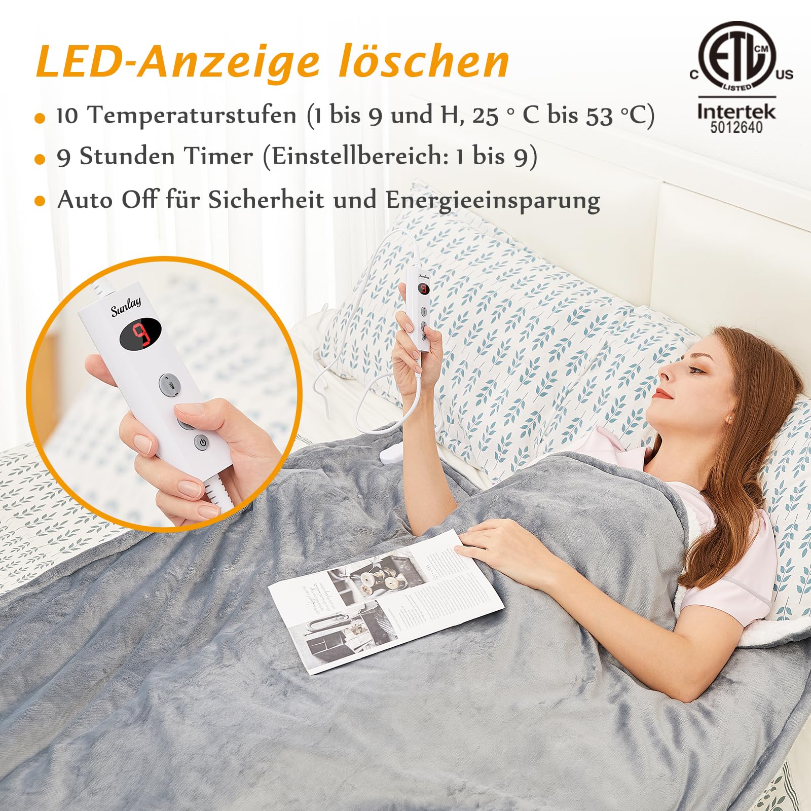 Heizdecke mit Abschaltautomatik, 130x160cm, 10 Heizstufen Up-to-9 Stunden Auto-Off-Timer Überhitzungsschutz, Elektrische Wärmedecke Bett Wärme Decke, Grau