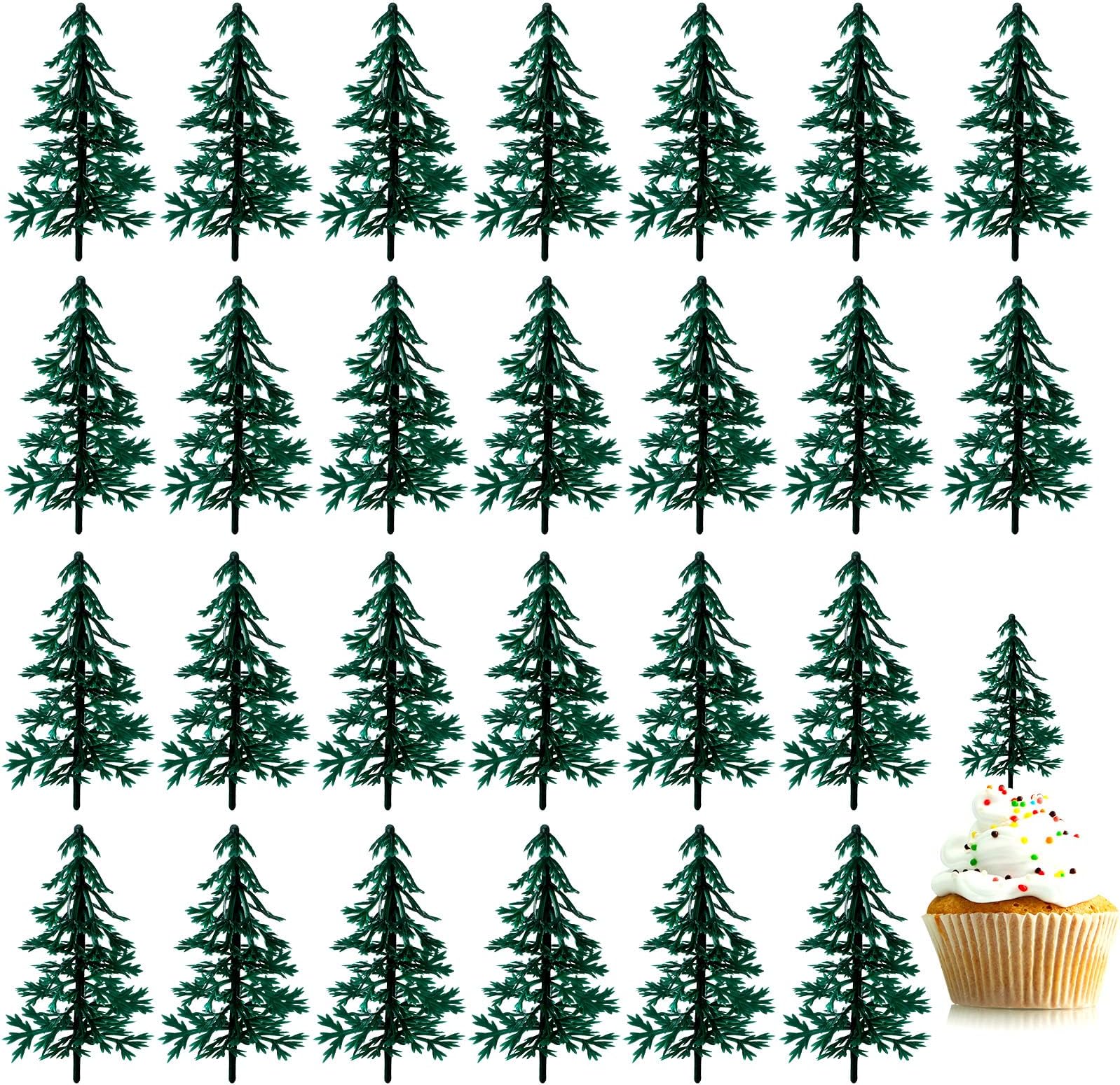 Queekay 50 Pcs Miniature Evergreen Trees for Cake Cupcake Decorating Camping Cupcake Topper Cake Decoration or Model, Sand Table Decoration, 3 Inches