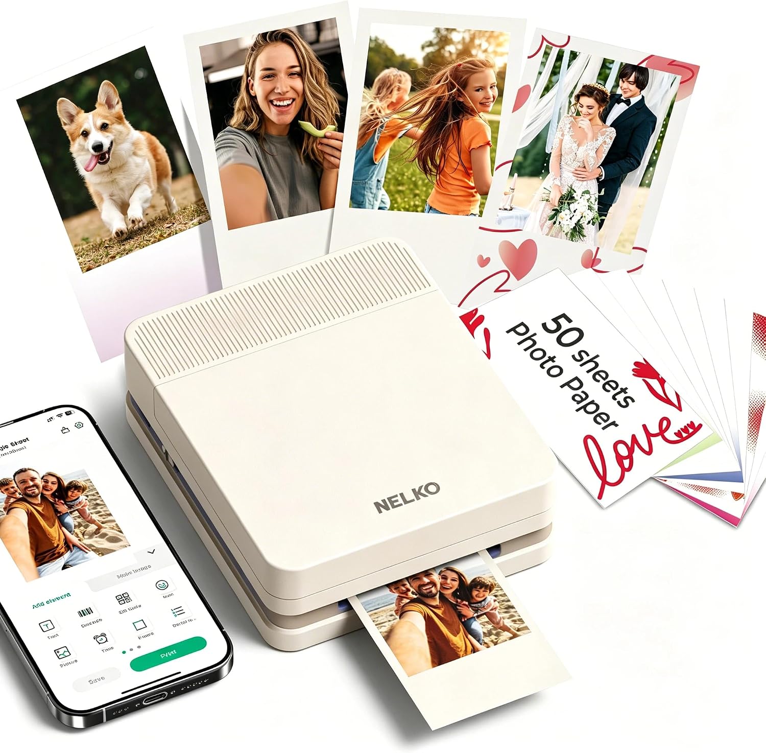 Nelko Portable Photo Printer, PP03 Color Mini Photo Printer for iPhone & Android, with 50 Sheets of Photo Paper, Bluetooth Picture Printer for Christmas, Family, Travel, Beige