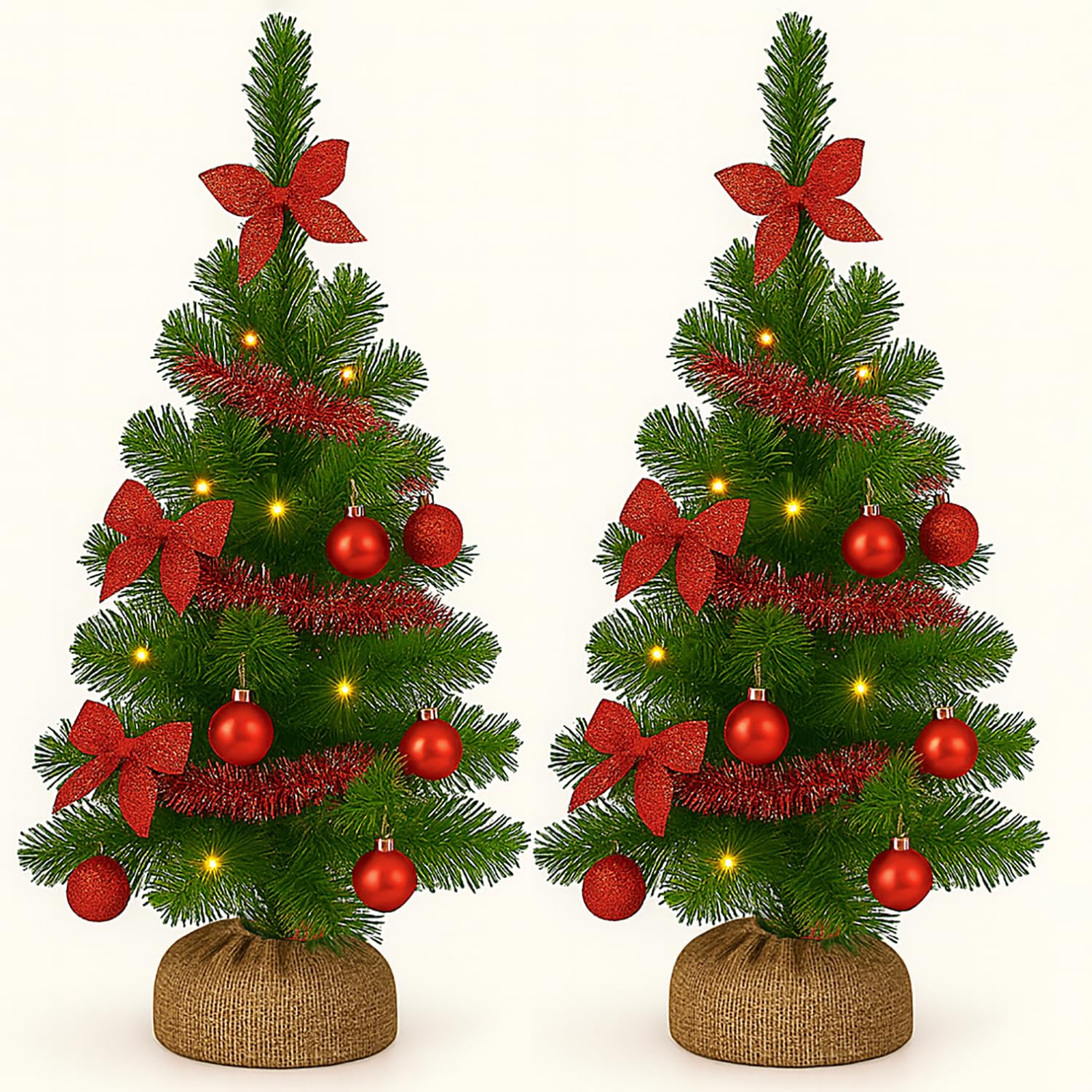 2x 60cm Artificial Mini Christmas Trees with Colour Select Lights - 2ft Indoor Battery Operated LED Green Xmas Tree - Jute Hessian Base Bag 60cm 2 Pack Trees (Red Decorations)