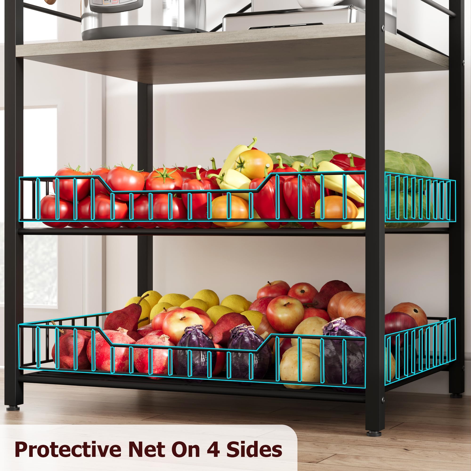 Garvee Estante de cocina de 5 niveles con soporte para microondas, incluye 2 cestas de alambre grandes, 8 ganchos y estantes de almacenamiento industriales para barra de café, perfecto para cocina o