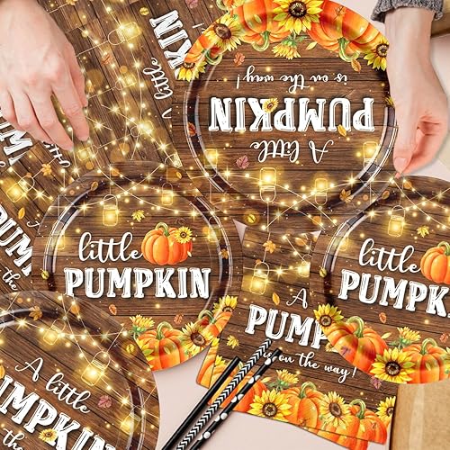 Miniatura 3 de Decoraciones de fiesta de baby shower de calabaza para niñas, platos y servilletas con texto en inglés «A Little Pumpkin is on the Way» (La calabaza