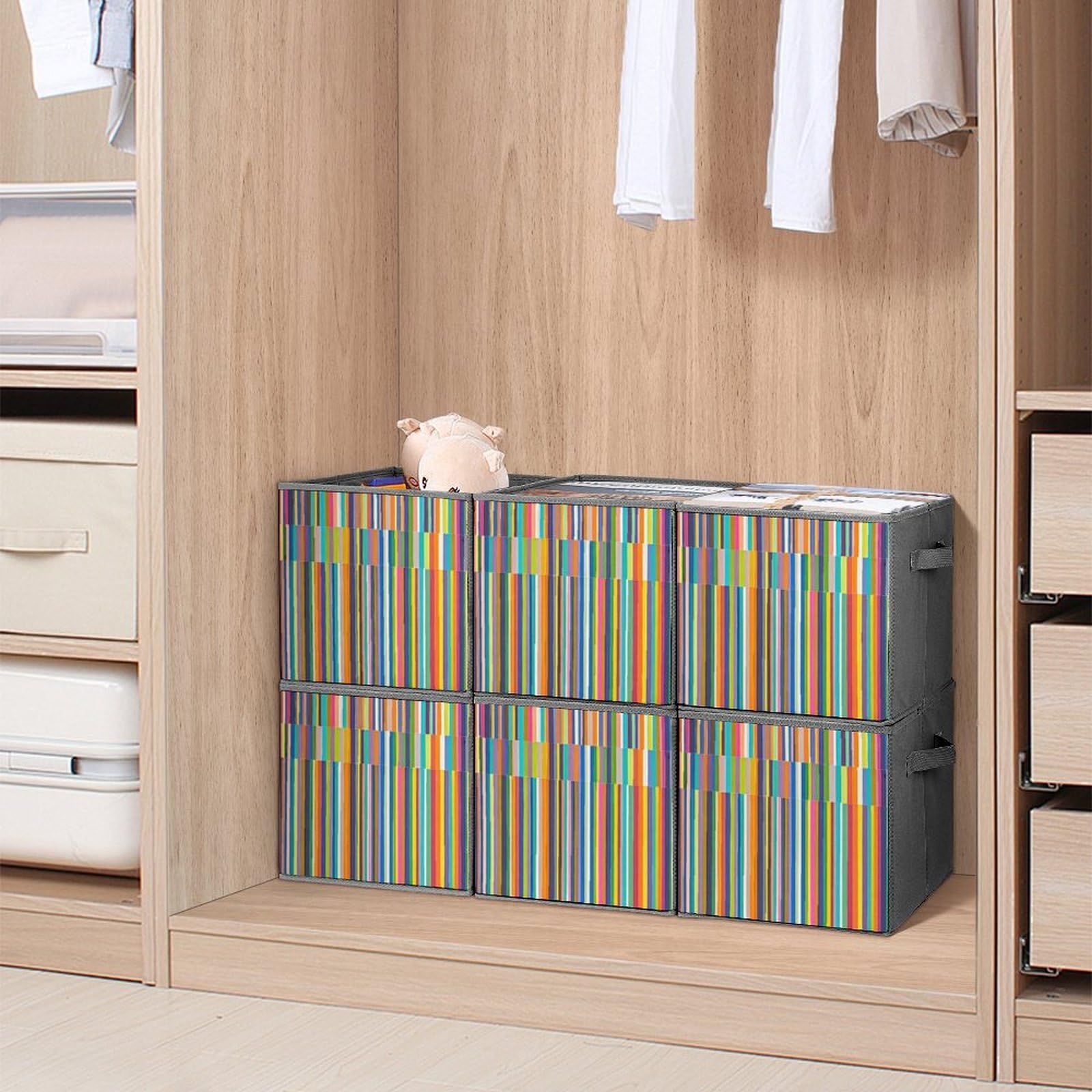 Cubos de almacenamiento de rayas plegables y decorativas de tela para organizar organizadores del hogar con asas, cestas de almacenamiento de tela grandes para estantes para ropa, libros