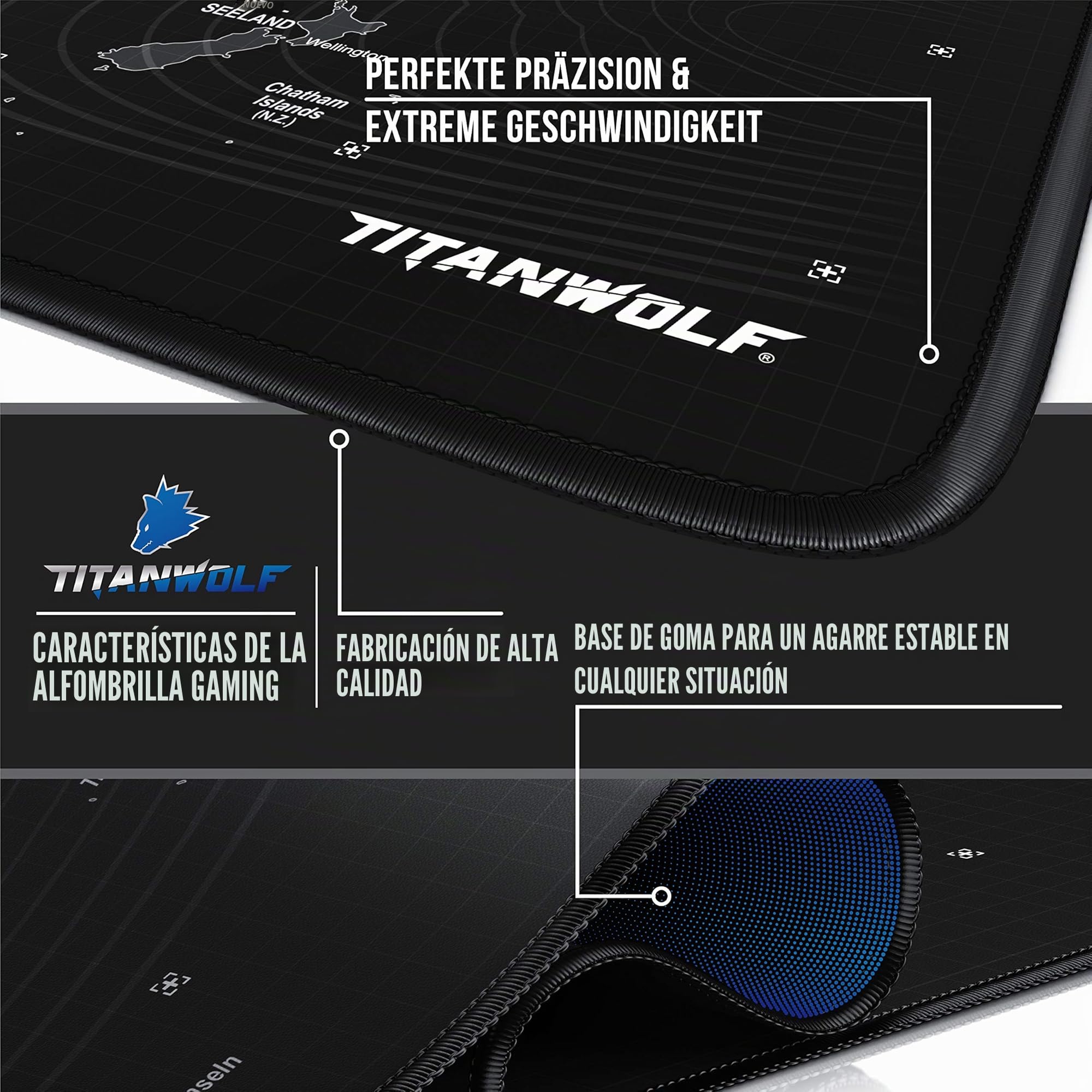 Titanwolf – Alfombrilla de ratón para Juegos – Titanwolf XXL – 900 x 400 x 3 mm – Alfombrilla de Escritorio Grande – XXL Alfombrilla de ratón para Juegos y Oficina – Mapa del Mundo Negro