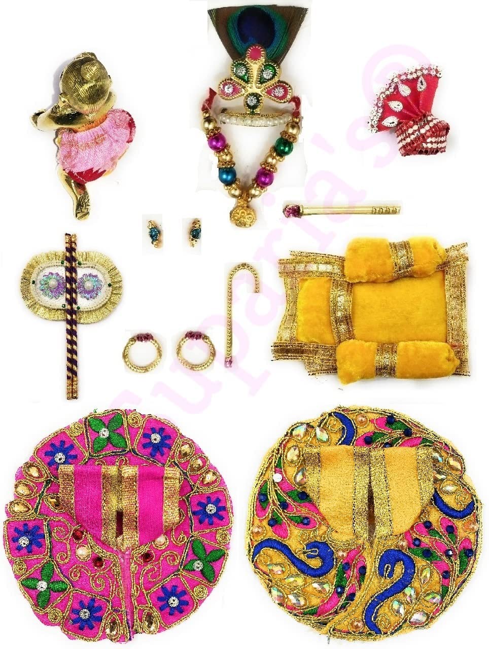 Laddu Gopal Ji Shringar Combo Saver Set of Mukut, Mala, Bansuri, Pagdi, Fan, Gadde/Singhasan, Nappy and 2 Dresses for Ladoo Gopal (Size: 0 no.)
