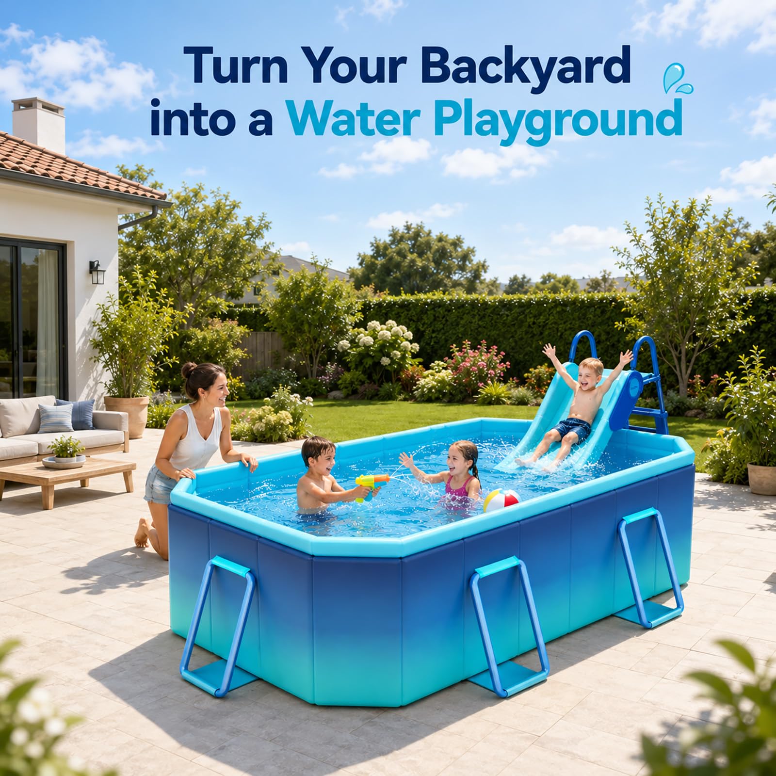 Grande Piscina Fuori Terra Rettangolare con Scivolo Familiare | Piscina da Giardino Esterna con Pareti Resistenti e Scala Sicura(3m/118in)