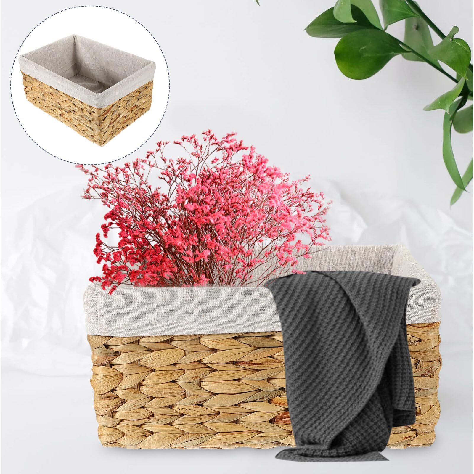 Cesta con Forro Tejida Rectangular de Almacenamiento de Fibra Natural