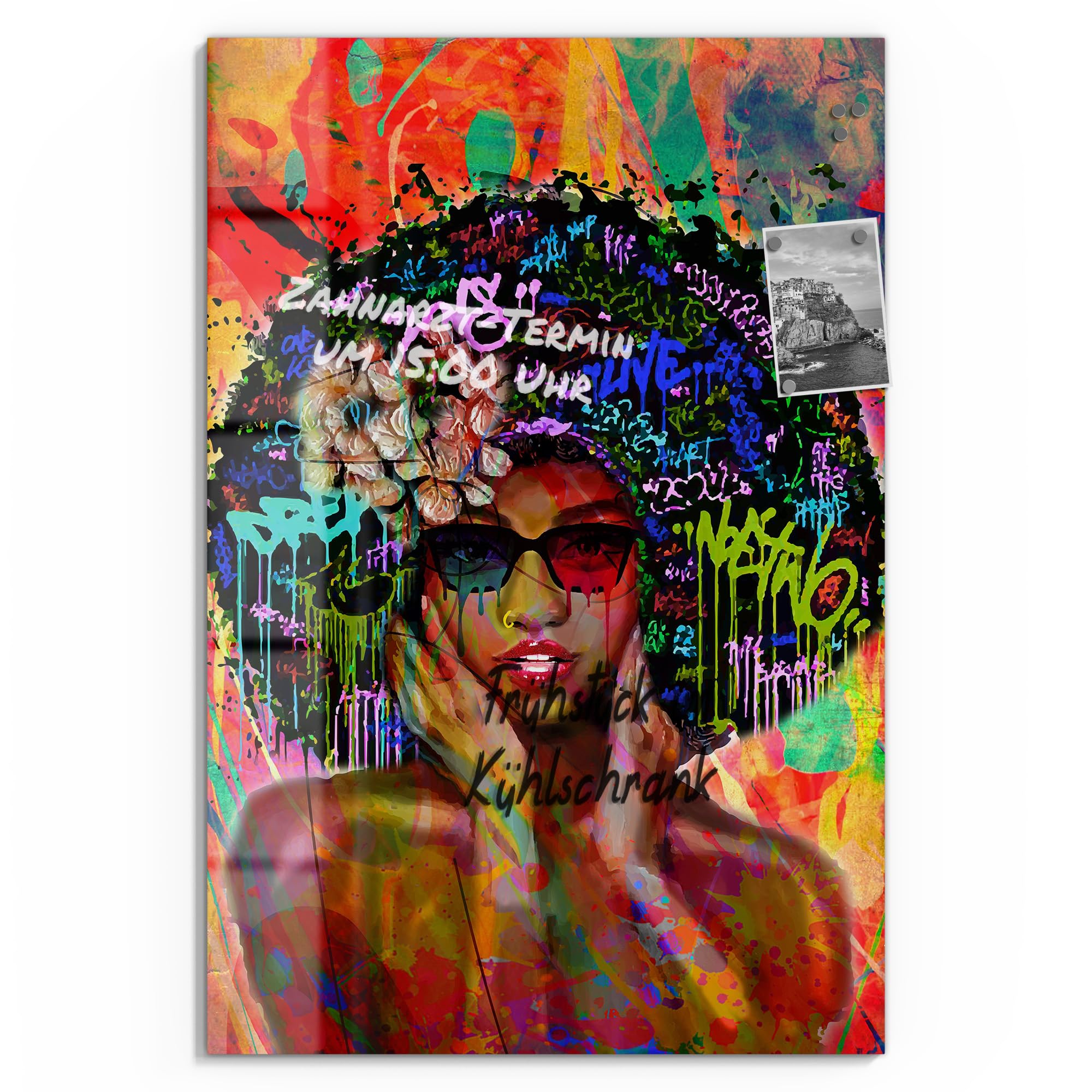 DEQOART Pizarra magnética de cristal, 60 x 90 cm, diseño "Urbaner Schimmer", pizarra magnética de cristal, incluye imanes, bolígrafo y paño para cocina y oficina, pizarra magnética y se puede escribir