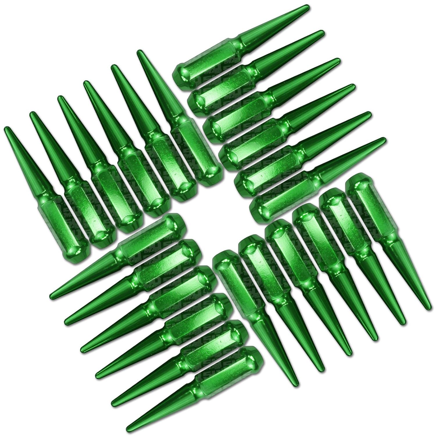50 Caliber Racing 12x1.25mm Wheel Spiked Lug Nuts with Extended Spike Design, Fits Nissan, Subaru, Infiniti, Chevy, Kawasaki, Yamaha, Geo, Chevrolet, Suzuki, (Set of 24, Green)
