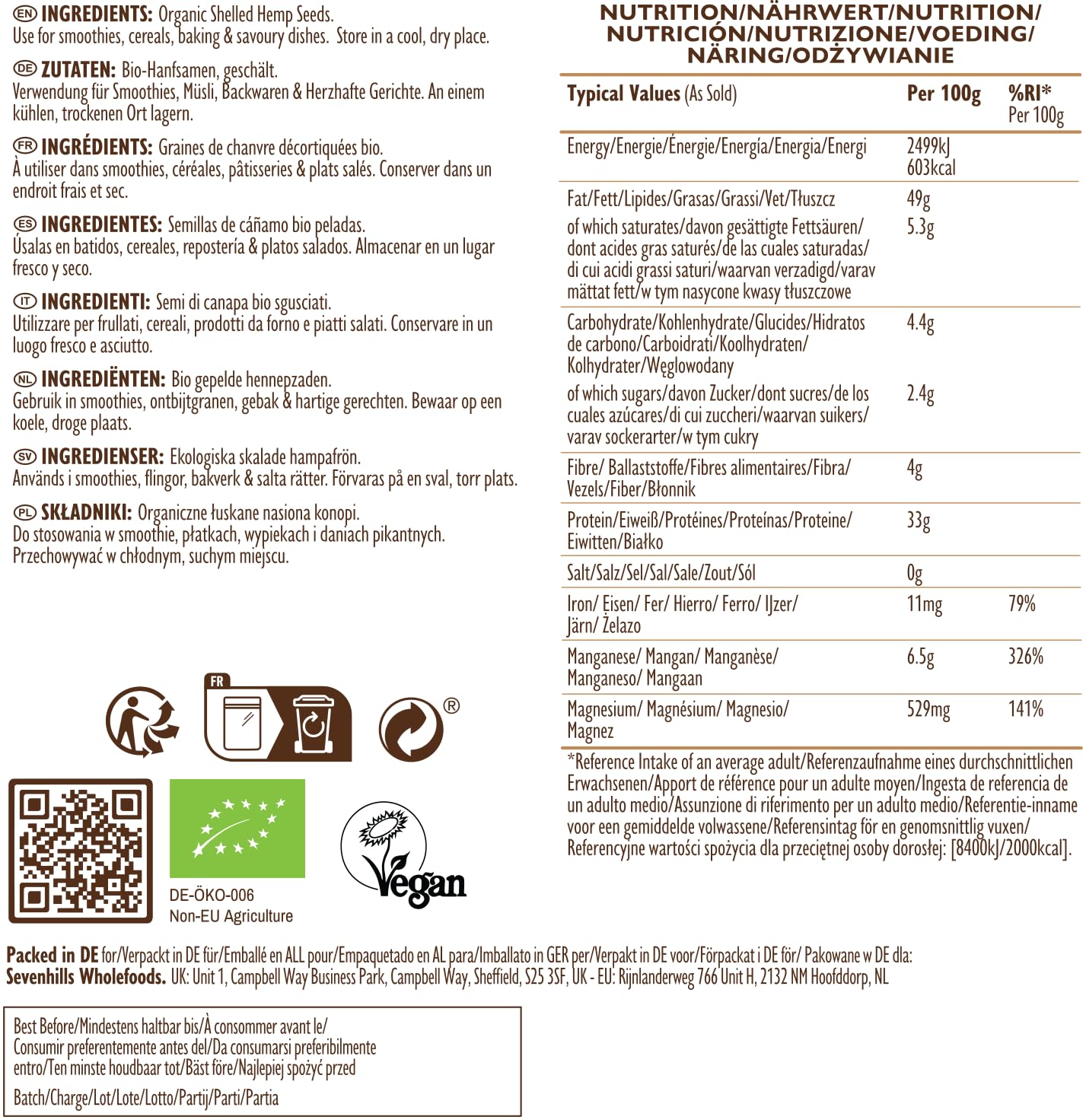 Sevenhills Wholefoods Semilla De Cáñamo Peladas Crudas Orgánico 1kg