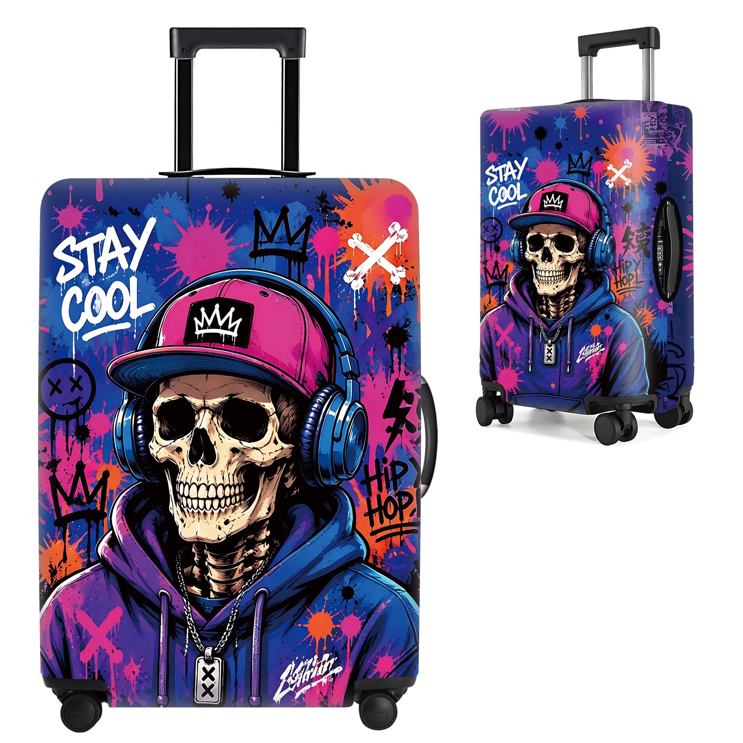 Skull Luggage Cover Protective Suitcase Protector with Graffiti Art, Elastic Washable Travel Baggage Cover Fits 18-22 Inch Suitcase, Cool Hip Hop Skull Design for Men Women,S